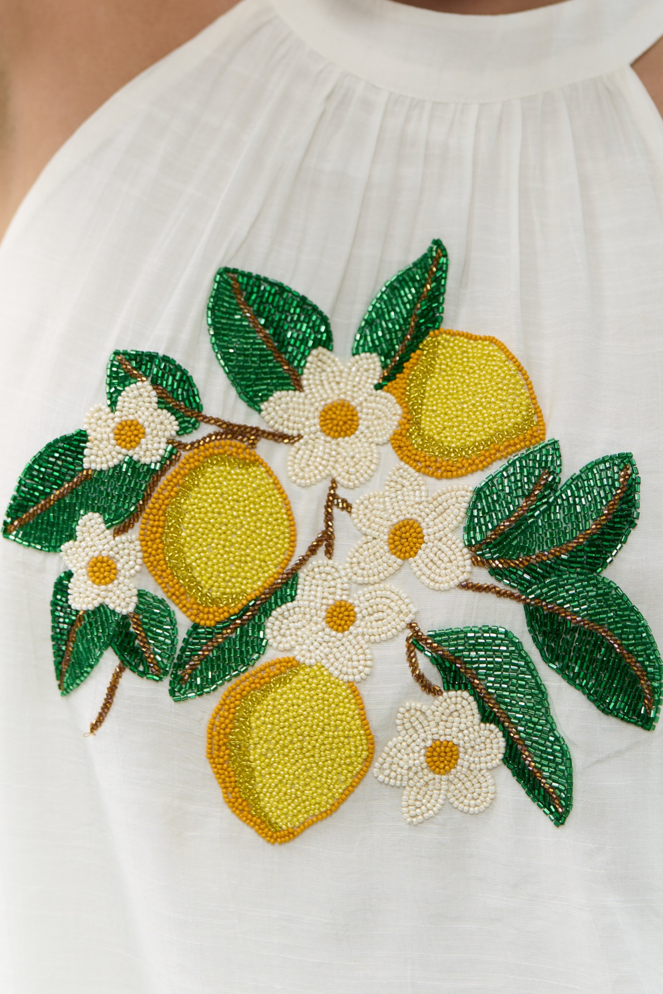 ATELIER RIVIERA WHITE VISCOSE CREPE HALTER CUT TOP WITH HANDCRAFTED LEMON EMBROIDERY