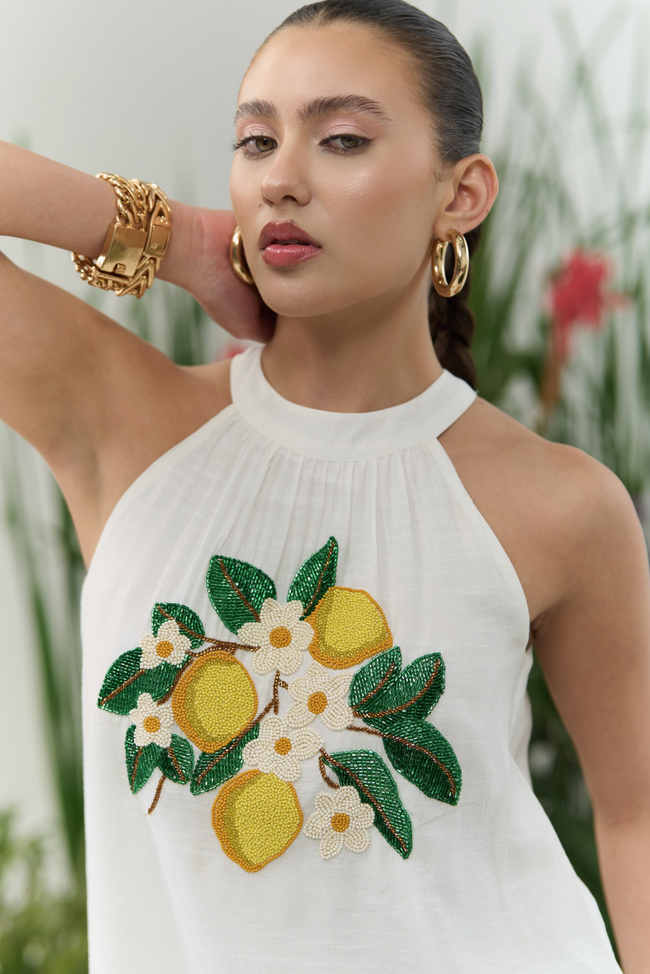 ATELIER RIVIERA WHITE VISCOSE CREPE HALTER CUT TOP WITH HANDCRAFTED LEMON EMBROIDERY