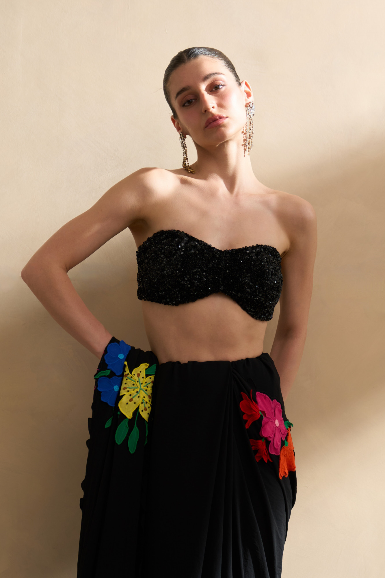 GARDEN OF SICILIA BLACK COLOR SARI WITH FLORAL EMBROIDERY ALL OVER AND FULLY SEQUINED BUSTIER BLOUSE