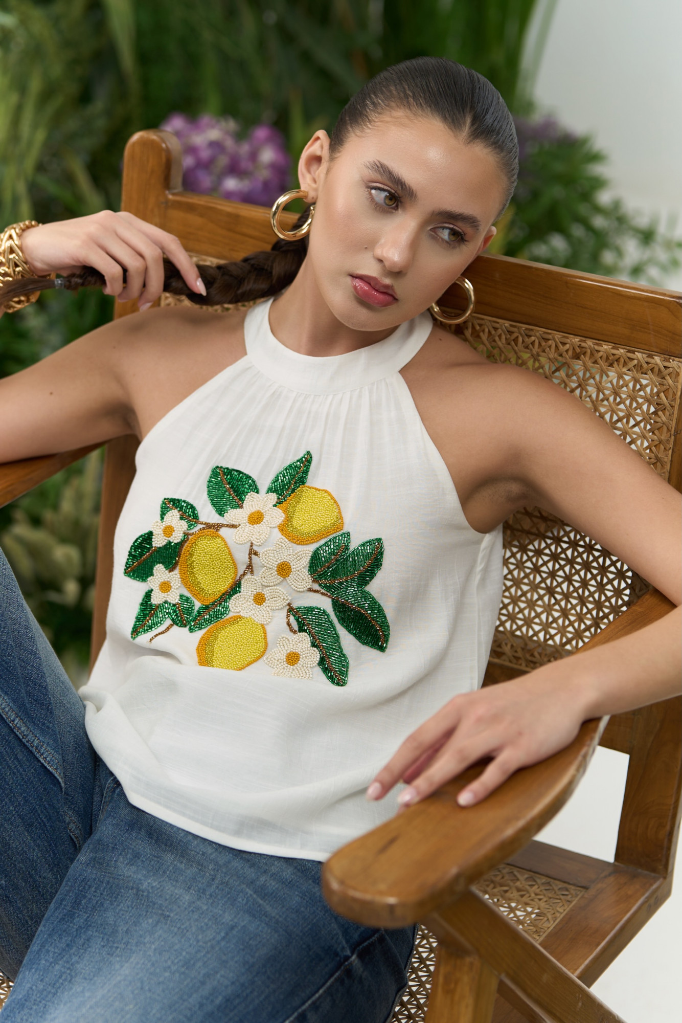 ATELIER RIVIERA WHITE VISCOSE CREPE HALTER CUT TOP WITH HANDCRAFTED LEMON EMBROIDERY