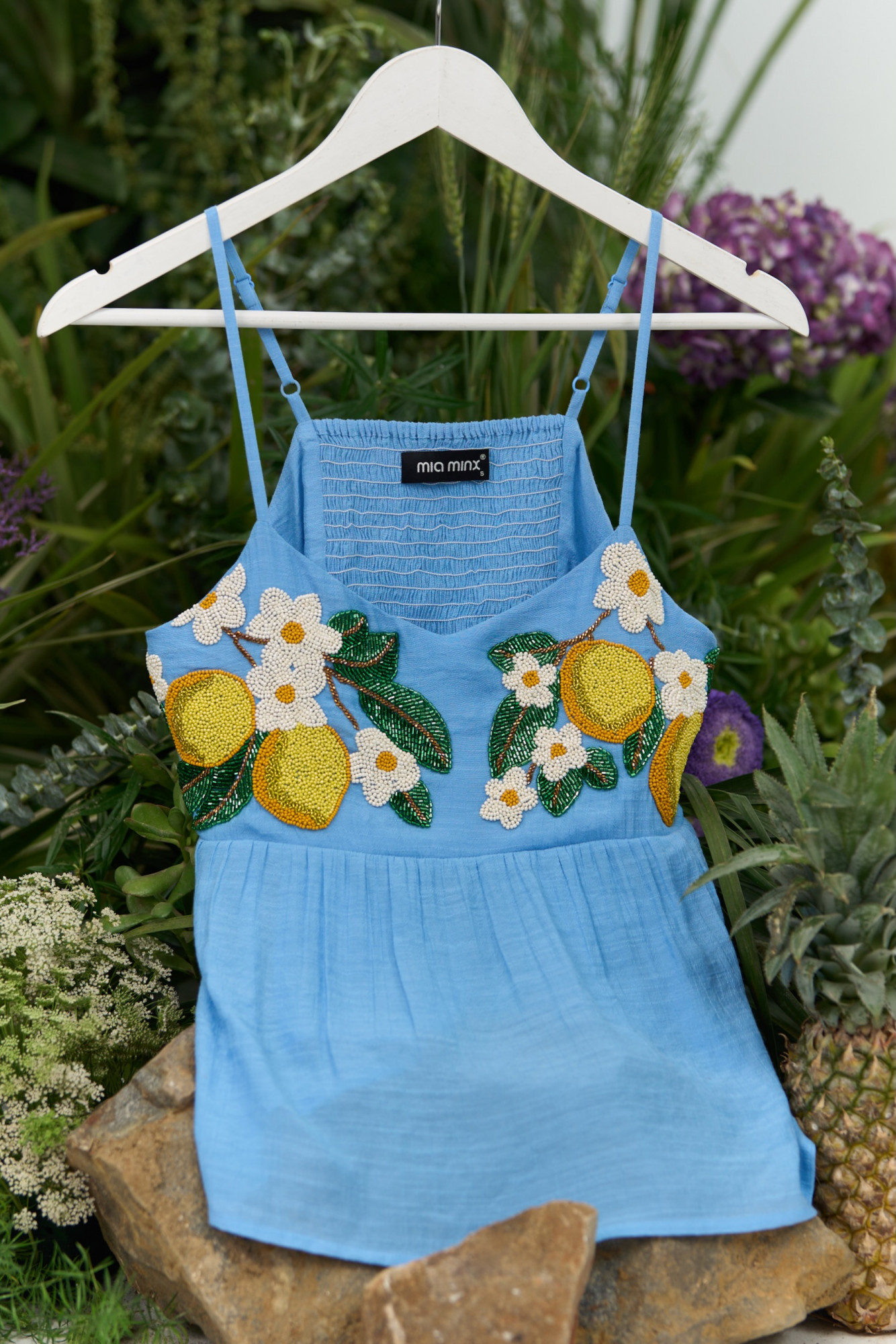 ATELIER RIVIERA LIGHT BLUE VISCOSE CREPE CAMI TOP WITH HANDCRAFTED LEMON EMBROIDERY