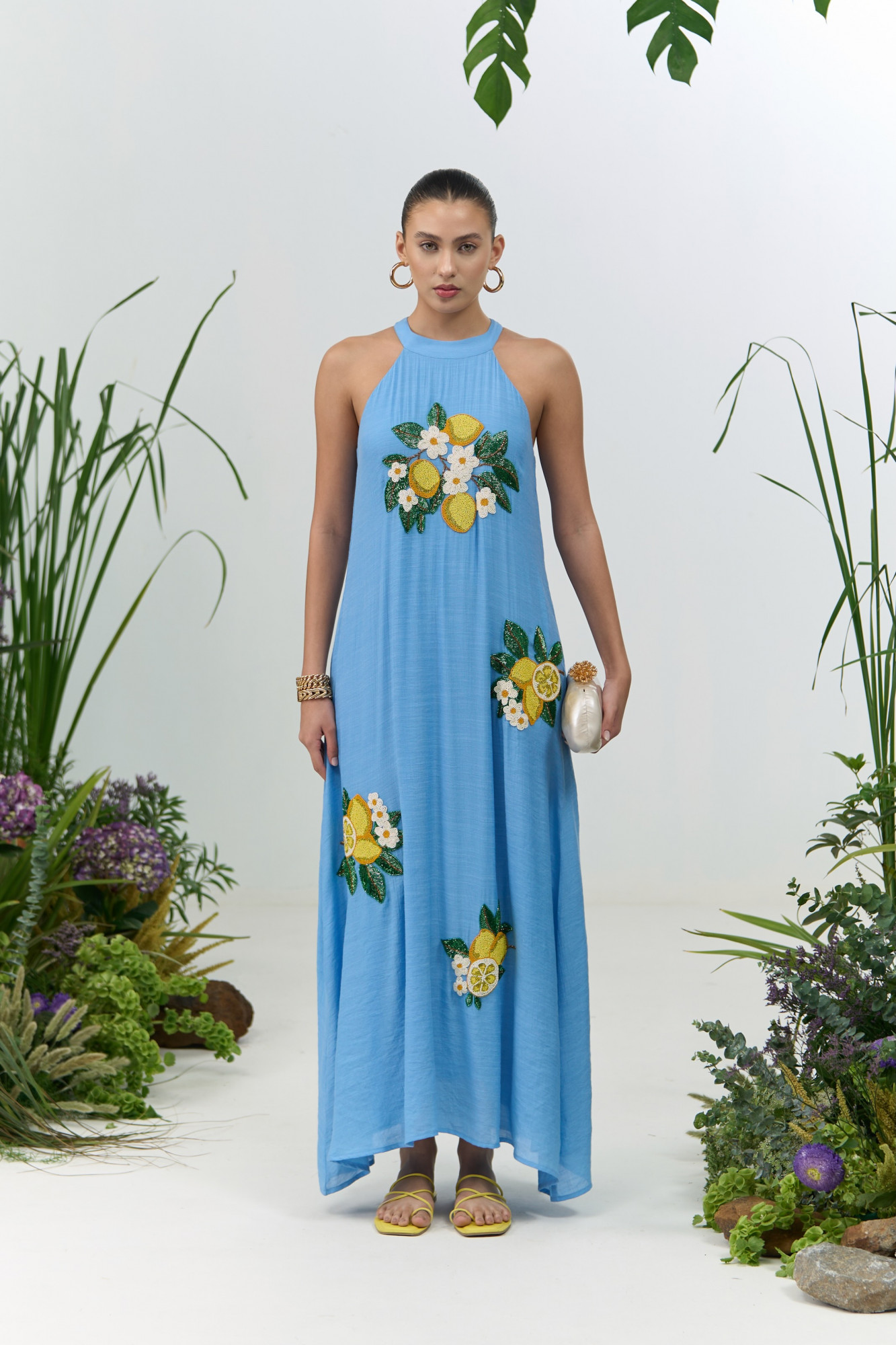 ATELIER RIVIERA LIGHT BLUE VISCOSE CREPE MAXI DRESS WITH HANDCRAFTED LEMON EMBROIDERY