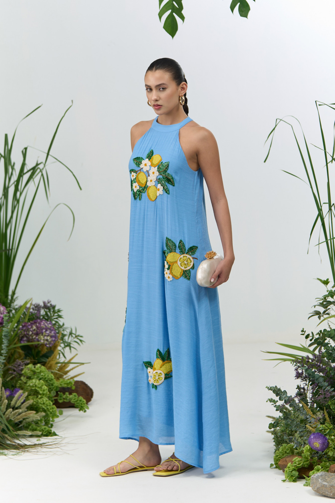 ATELIER RIVIERA LIGHT BLUE VISCOSE CREPE MAXI DRESS WITH HANDCRAFTED LEMON EMBROIDERY