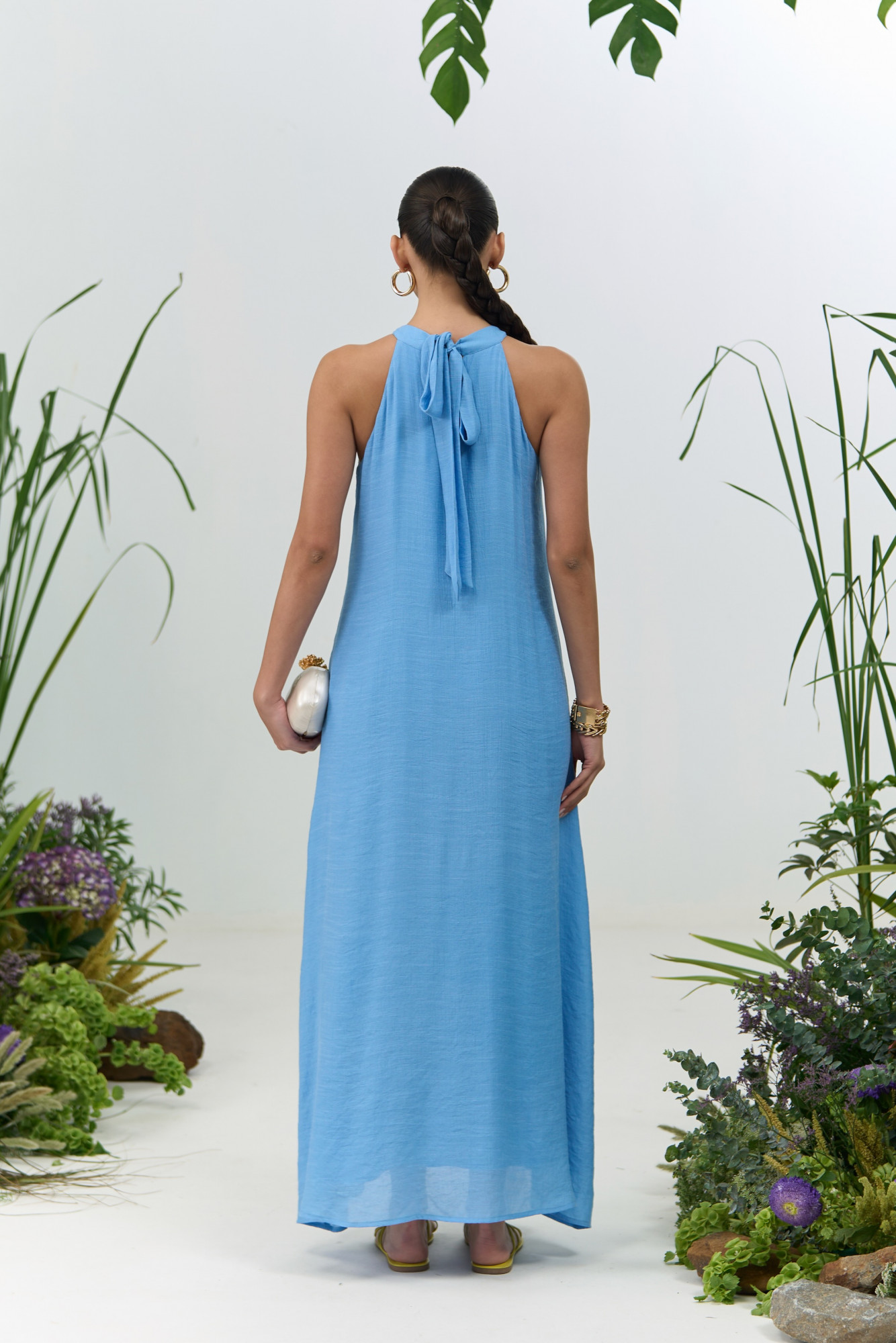 ATELIER RIVIERA LIGHT BLUE VISCOSE CREPE MAXI DRESS WITH HANDCRAFTED LEMON EMBROIDERY