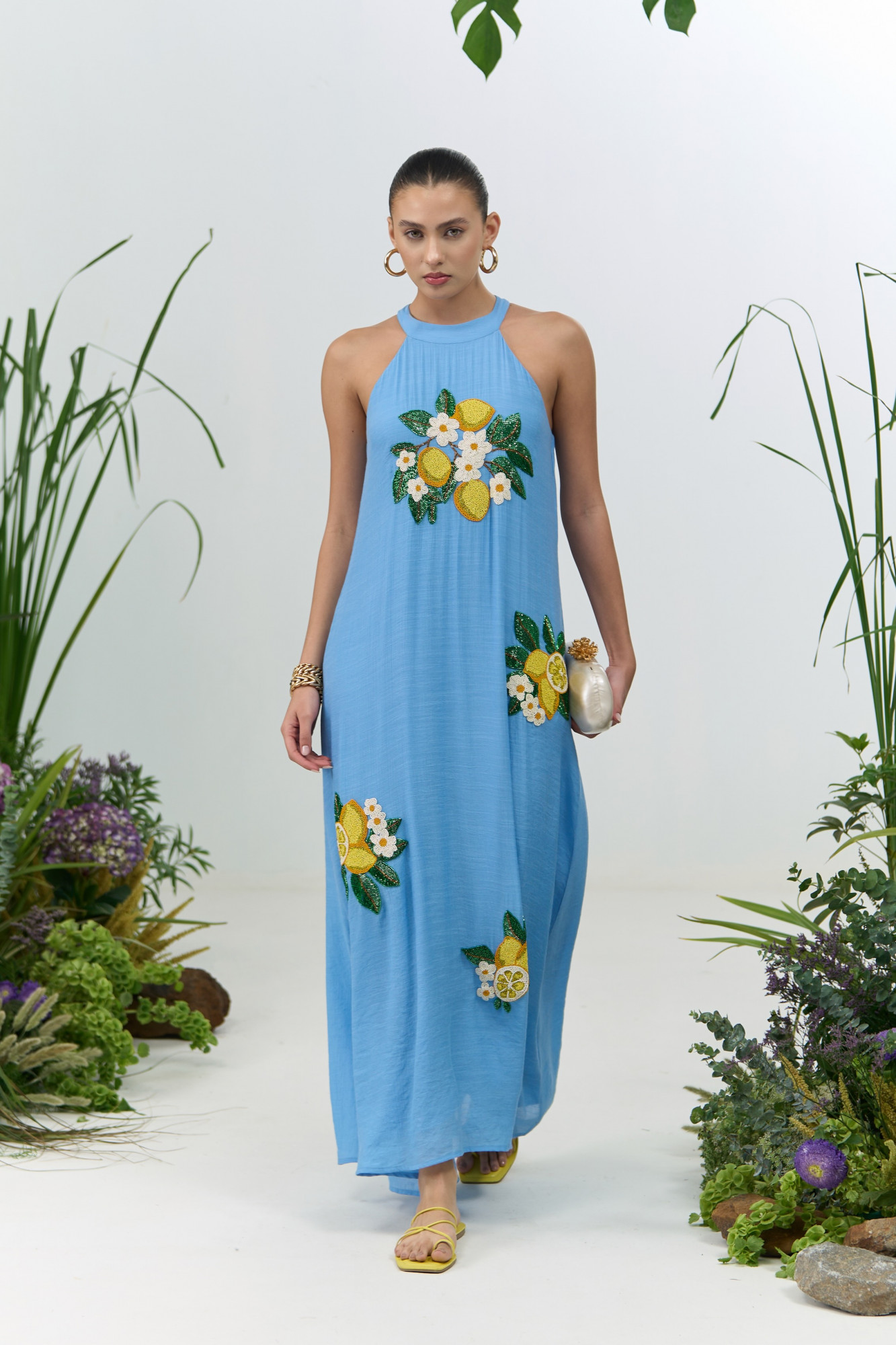 ATELIER RIVIERA LIGHT BLUE VISCOSE CREPE MAXI DRESS WITH HANDCRAFTED LEMON EMBROIDERY