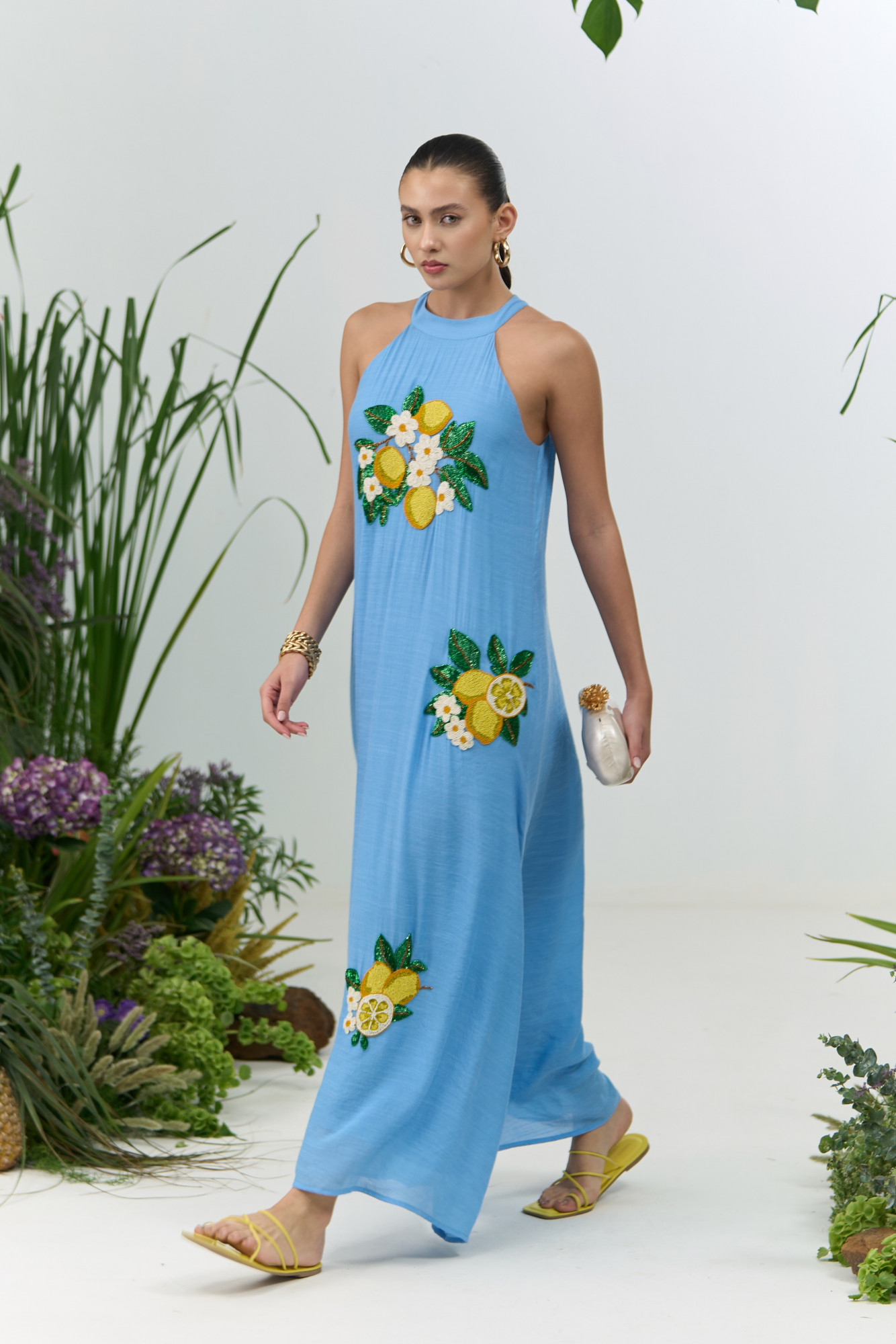 ATELIER RIVIERA LIGHT BLUE VISCOSE CREPE MAXI DRESS WITH HANDCRAFTED LEMON EMBROIDERY