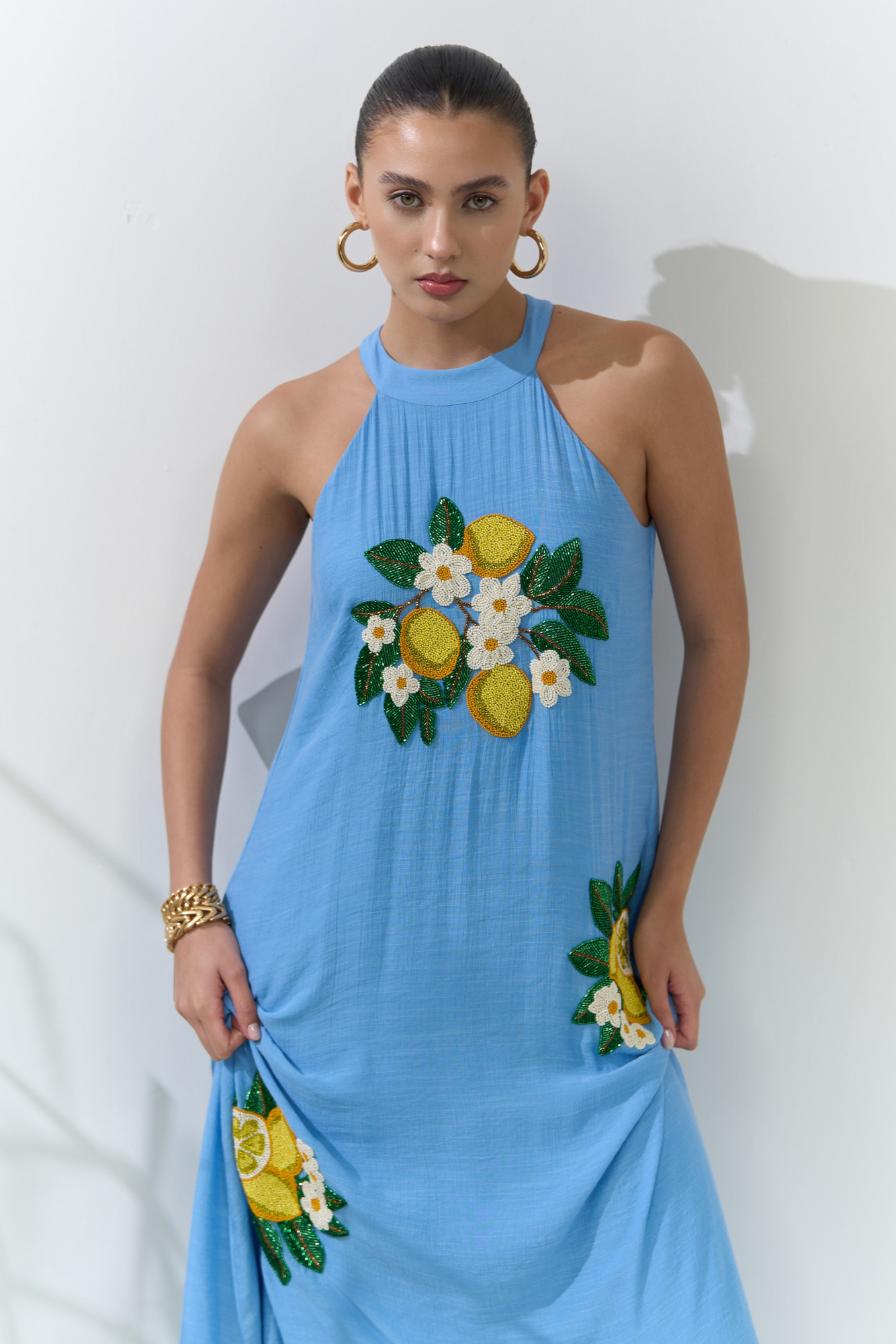 ATELIER RIVIERA LIGHT BLUE VISCOSE CREPE MAXI DRESS WITH HANDCRAFTED LEMON EMBROIDERY