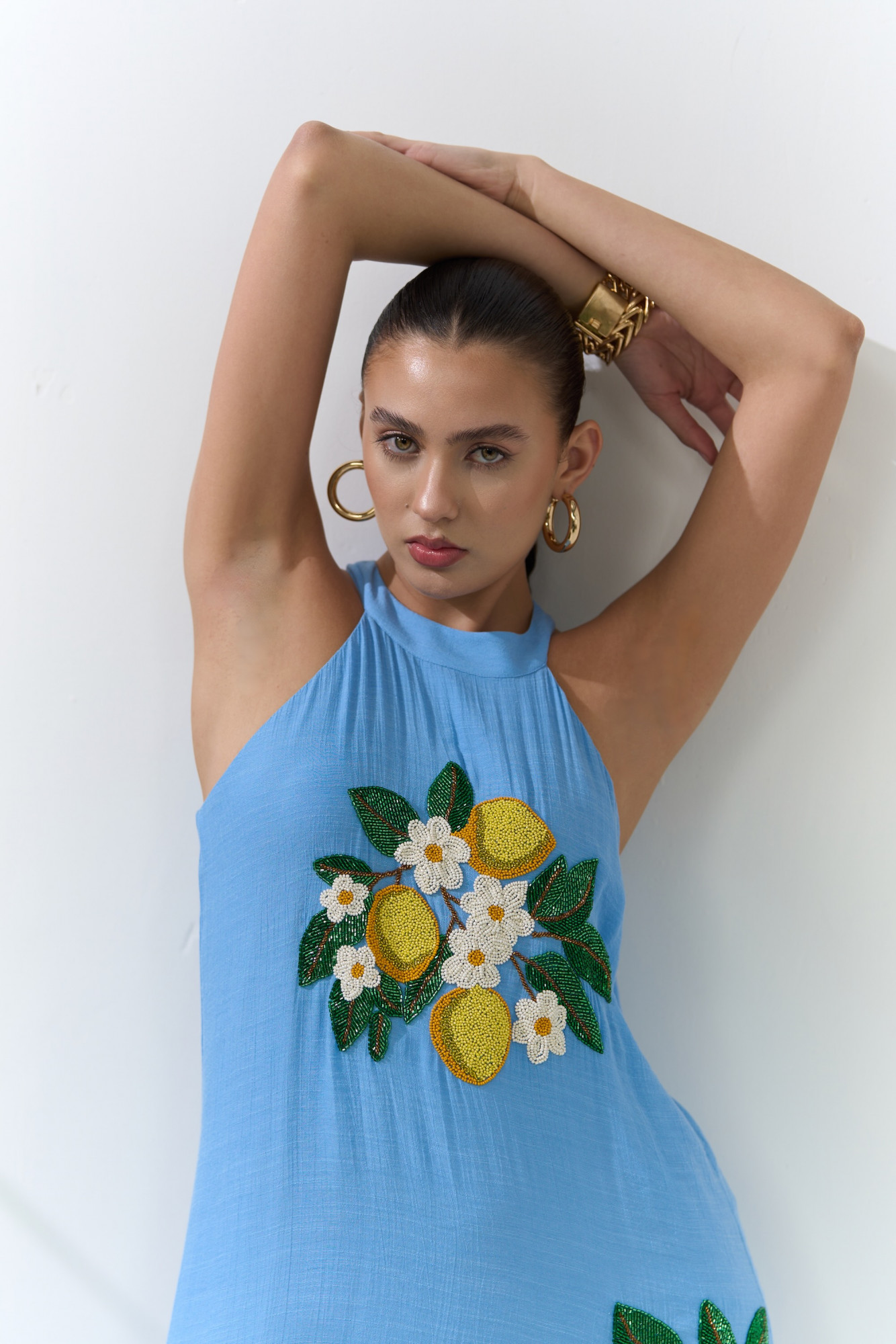 ATELIER RIVIERA LIGHT BLUE VISCOSE CREPE MAXI DRESS WITH HANDCRAFTED LEMON EMBROIDERY