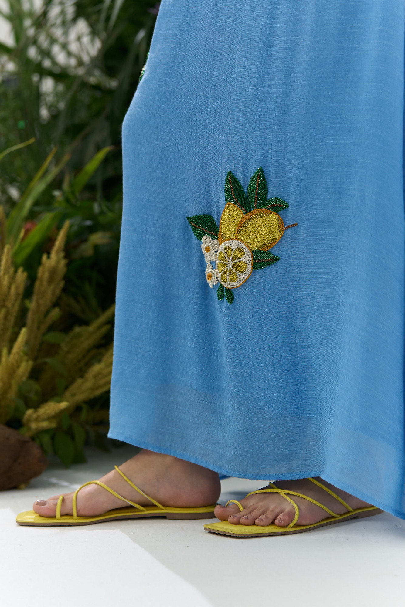 ATELIER RIVIERA LIGHT BLUE VISCOSE CREPE MAXI DRESS WITH HANDCRAFTED LEMON EMBROIDERY