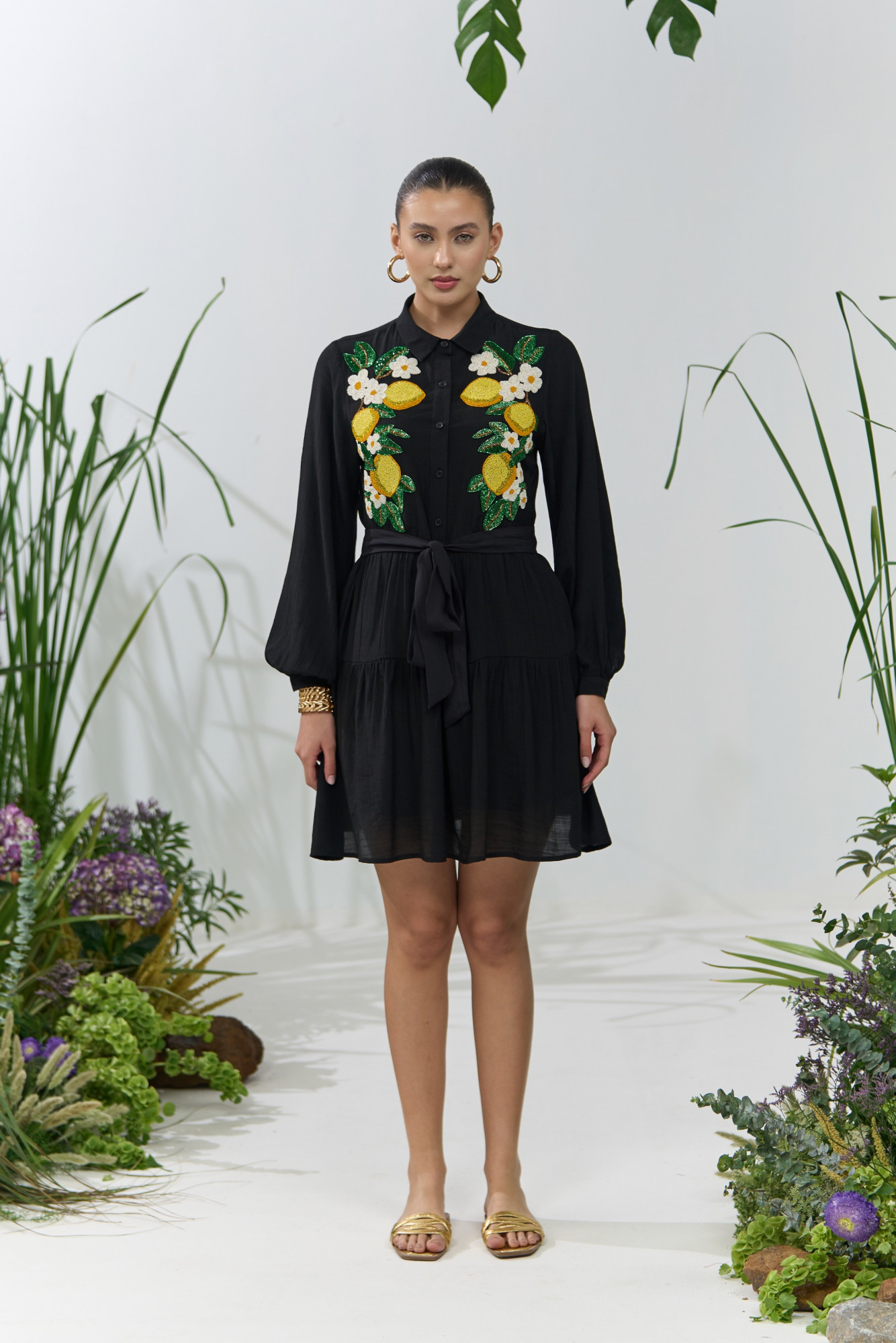 ATELIER RIVIERA BLACK COLOR KNEE LENGTH TIER DRESS WITH FULL SLEEVES AND HANDCRAFTED LEMON EMBROIDERY