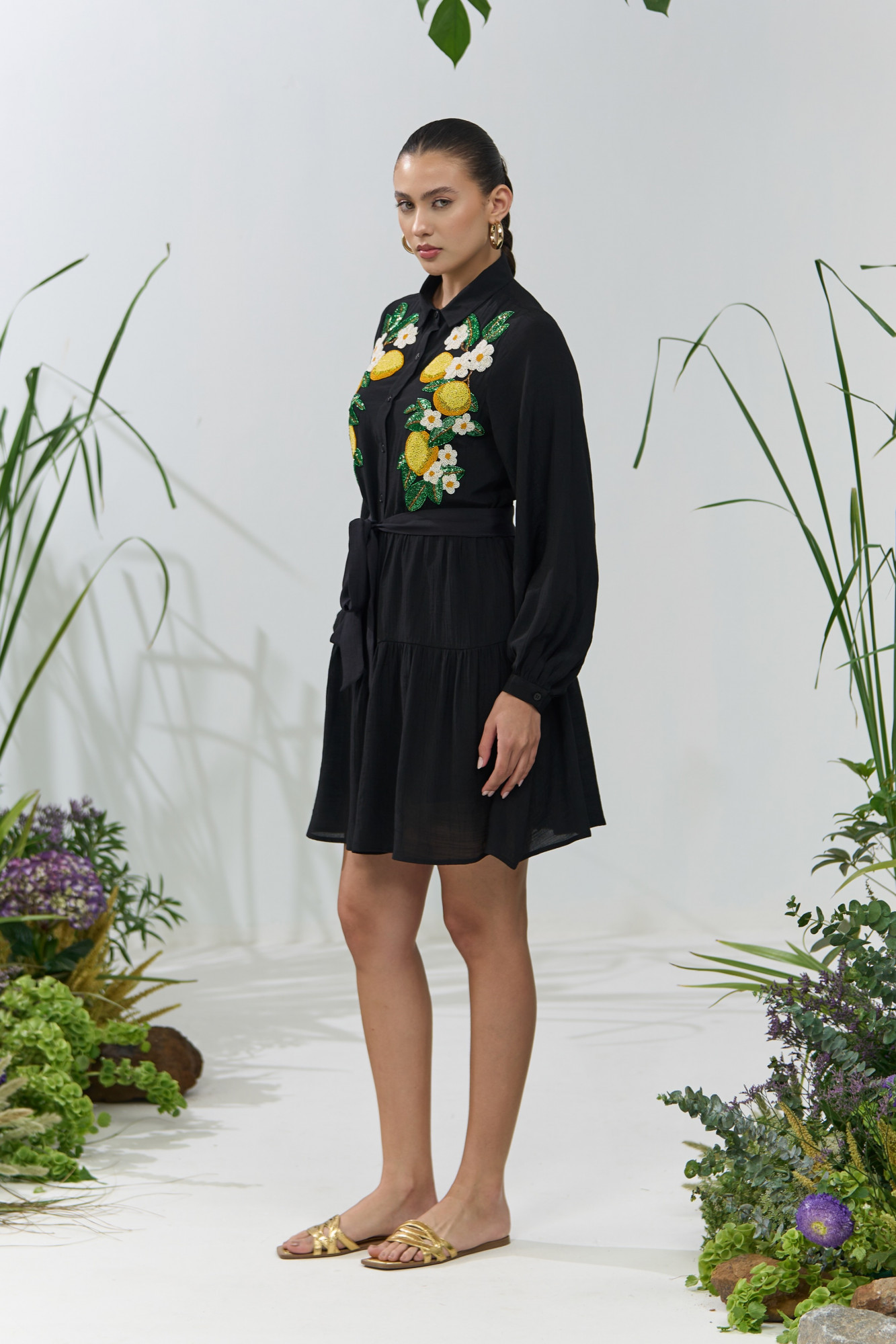 ATELIER RIVIERA BLACK COLOR KNEE LENGTH TIER DRESS WITH FULL SLEEVES AND HANDCRAFTED LEMON EMBROIDERY