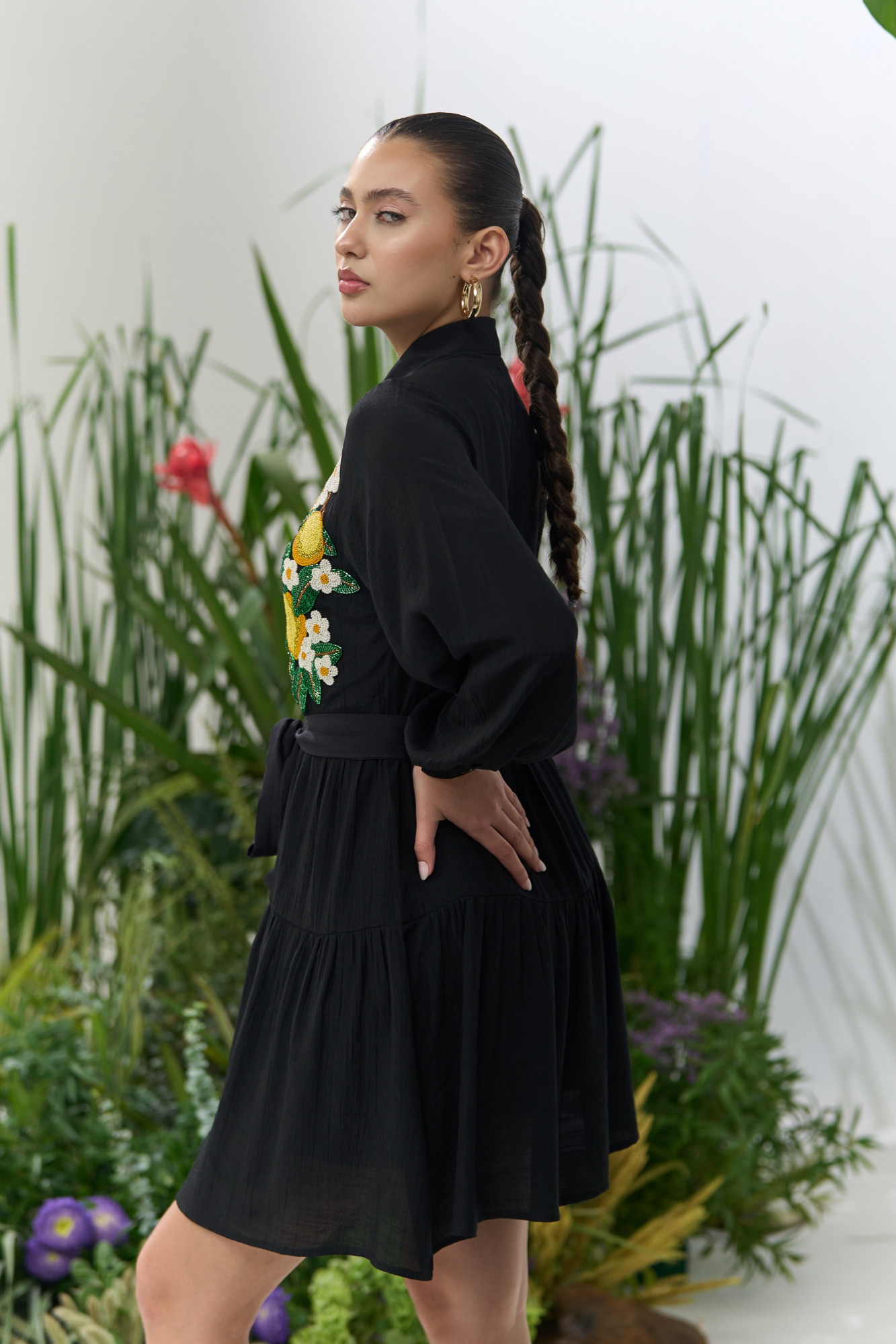 ATELIER RIVIERA BLACK COLOR KNEE LENGTH TIER DRESS WITH FULL SLEEVES AND HANDCRAFTED LEMON EMBROIDERY