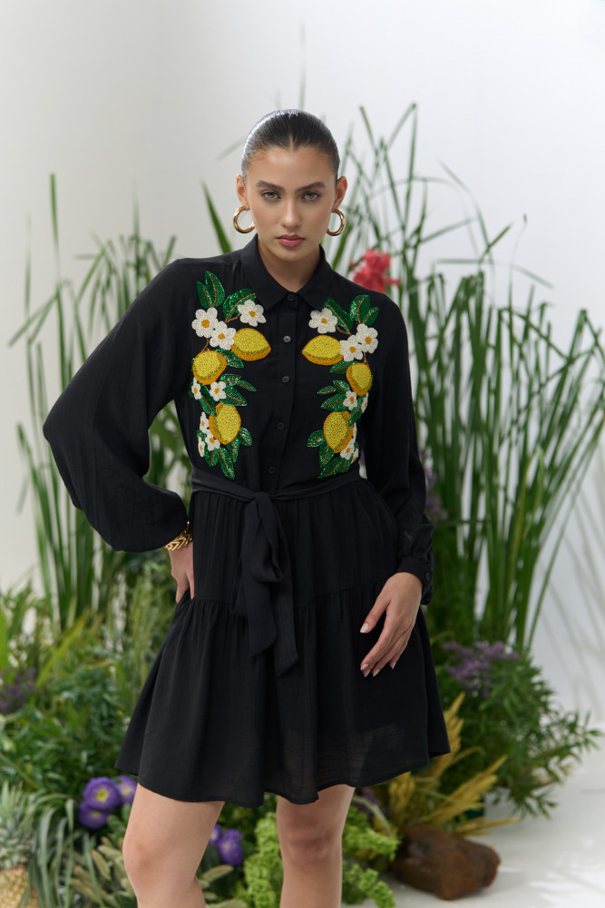 Image of ATELIER RIVIERA BLACK COLOR KNEE LENGTH TIER DRESS WITH FULL SLEEVES AND HANDCRAFTED LEMON EMBROIDERY