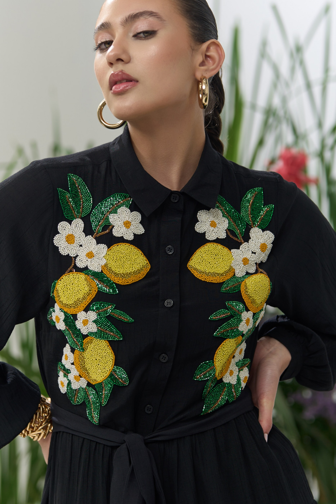 ATELIER RIVIERA BLACK COLOR KNEE LENGTH TIER DRESS WITH FULL SLEEVES AND HANDCRAFTED LEMON EMBROIDERY