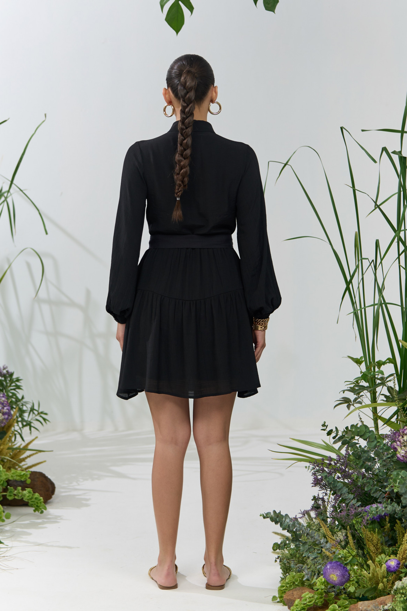 ATELIER RIVIERA BLACK COLOR KNEE LENGTH TIER DRESS WITH FULL SLEEVES AND HANDCRAFTED LEMON EMBROIDERY