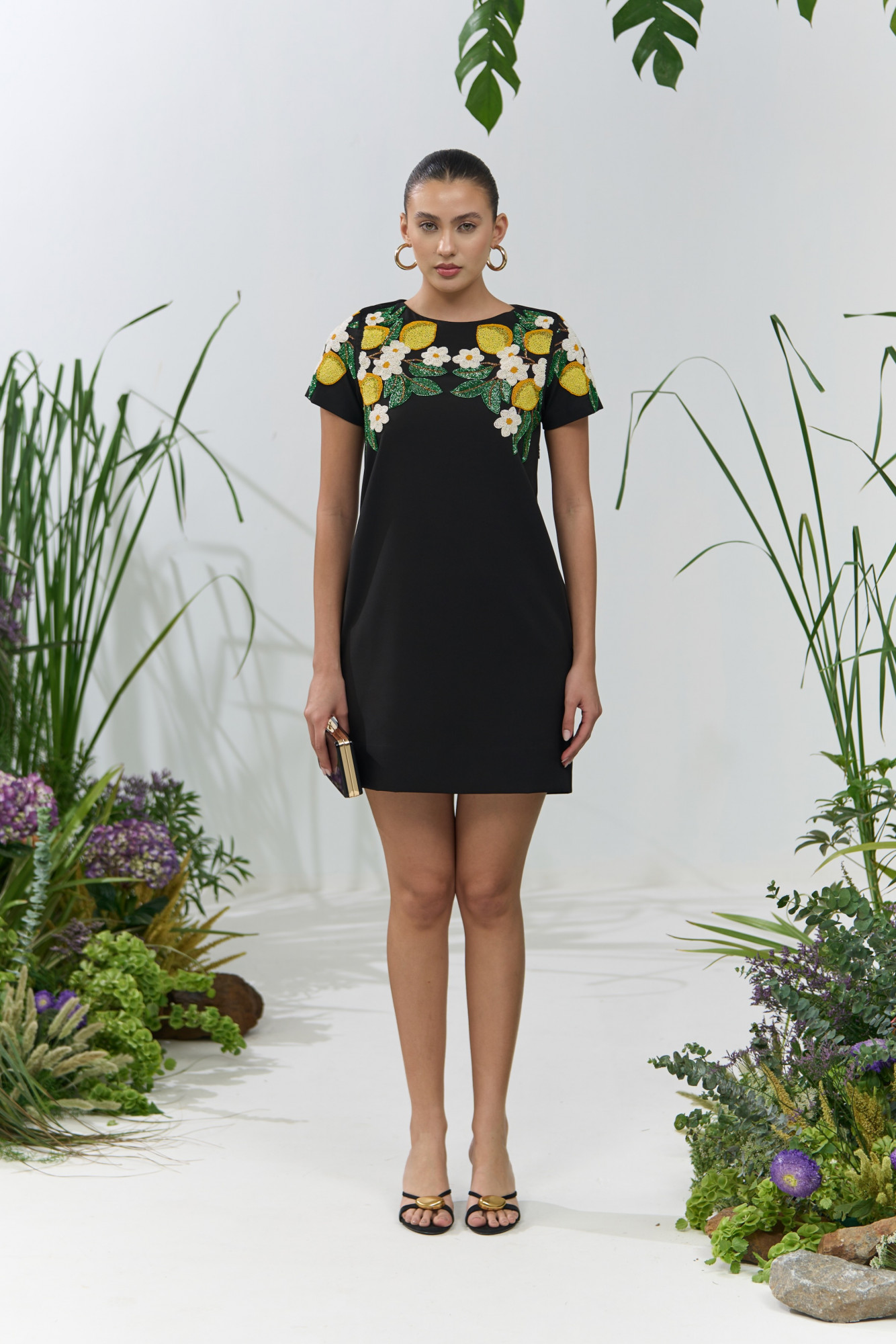 ATELIER RIVIERA BLACK COLOR KNEE LENGTH SHORT SLEEVES DRESS WITH HANDCRAFTED LEMON EMBROIDERY