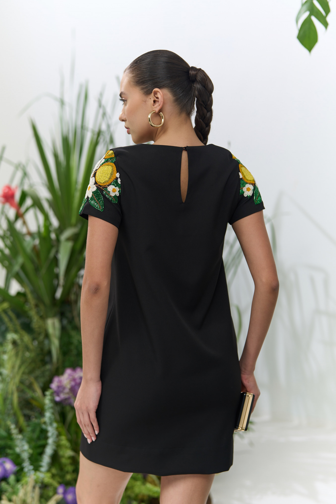 ATELIER RIVIERA BLACK COLOR KNEE LENGTH SHORT SLEEVES DRESS WITH HANDCRAFTED LEMON EMBROIDERY