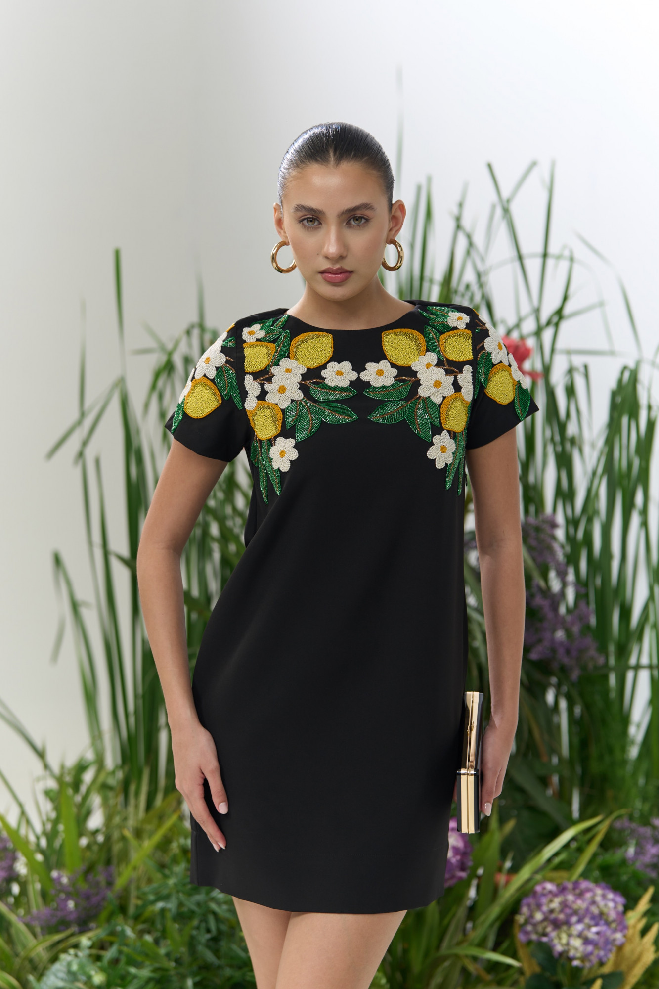 ATELIER RIVIERA BLACK COLOR KNEE LENGTH SHORT SLEEVES DRESS WITH HANDCRAFTED LEMON EMBROIDERY