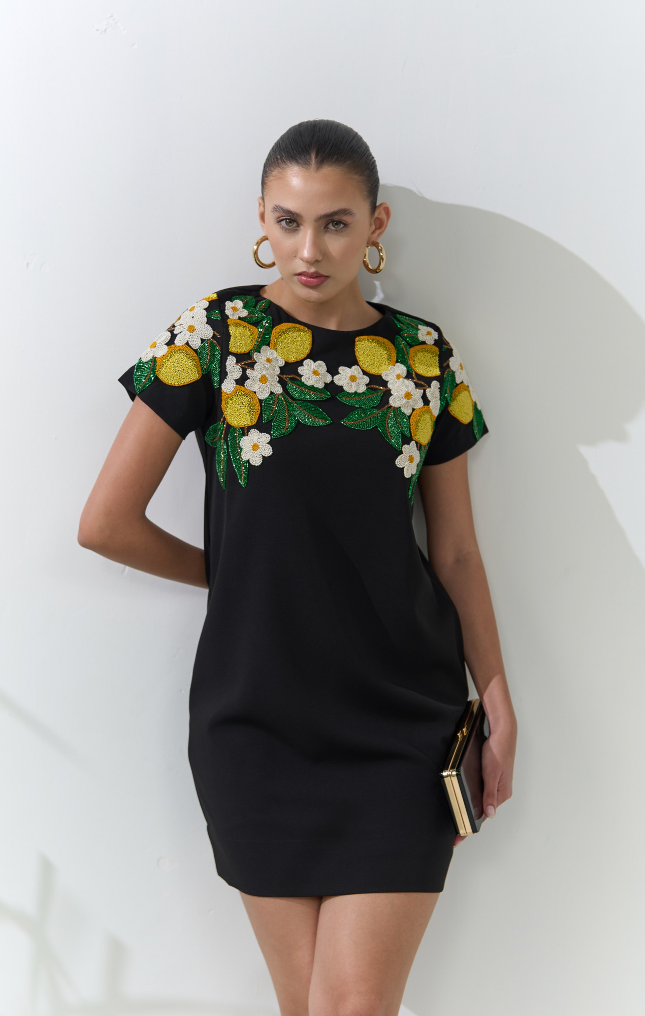 ATELIER RIVIERA BLACK COLOR KNEE LENGTH SHORT SLEEVES DRESS WITH HANDCRAFTED LEMON EMBROIDERY