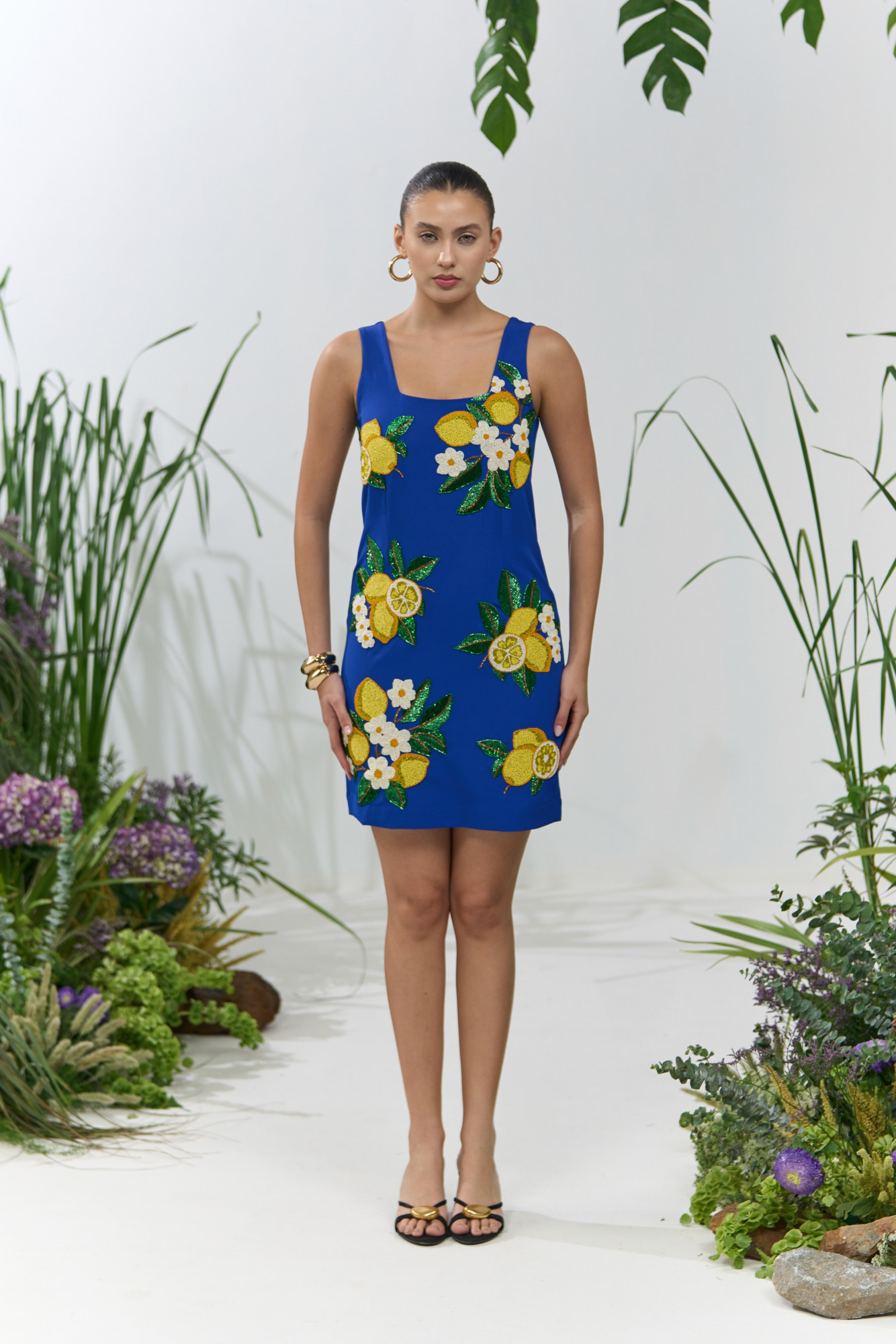 ATELIER RIVIERA BLUE COLOR SLEEVELESS KNEE LENGTH DRESS WITH HANDCRAFTED LEMON EMBROIDERY