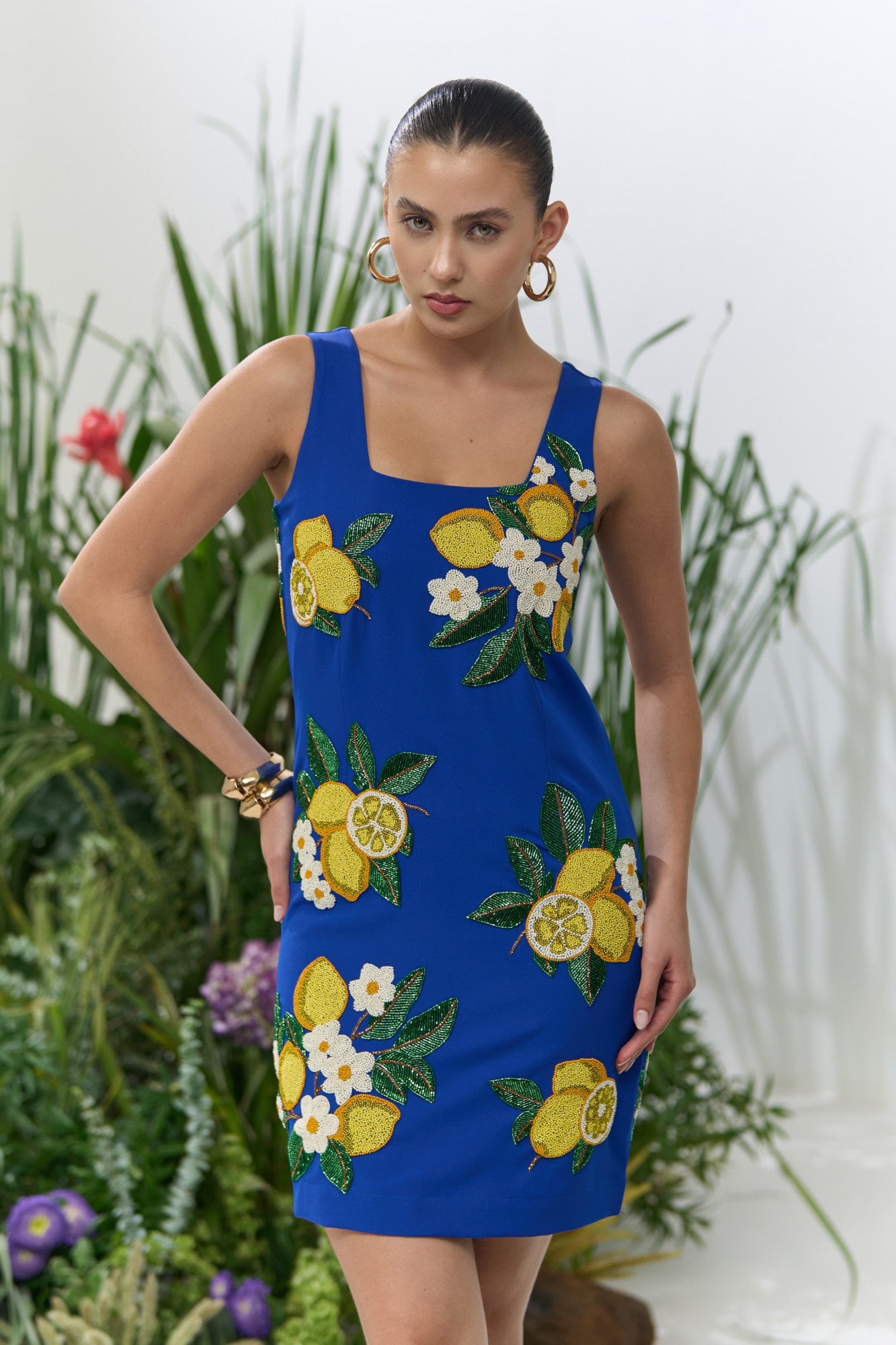 ATELIER RIVIERA BLUE COLOR SLEEVELESS KNEE LENGTH DRESS WITH HANDCRAFTED LEMON EMBROIDERY