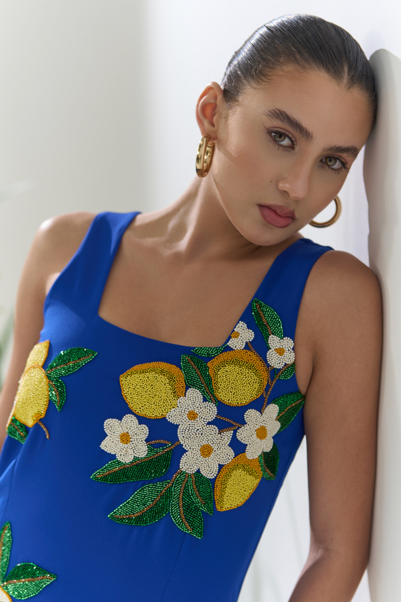 ATELIER RIVIERA BLUE COLOR SLEEVELESS KNEE LENGTH DRESS WITH HANDCRAFTED LEMON EMBROIDERY