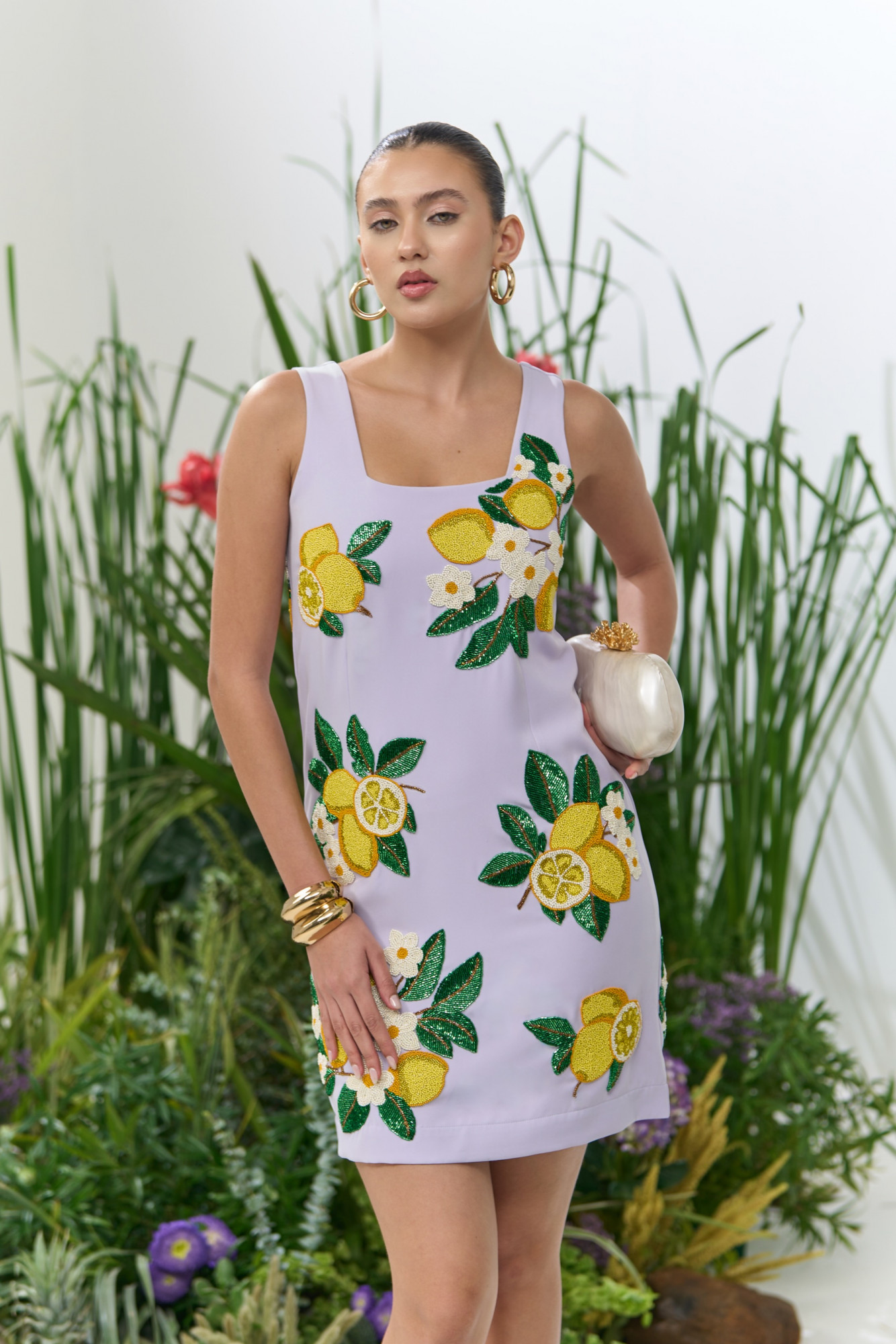 ATELIER RIVIERA MAUVE COLOR LEMON EMBROIDERY KNEE LEGTH SLEEVELESS DRESS