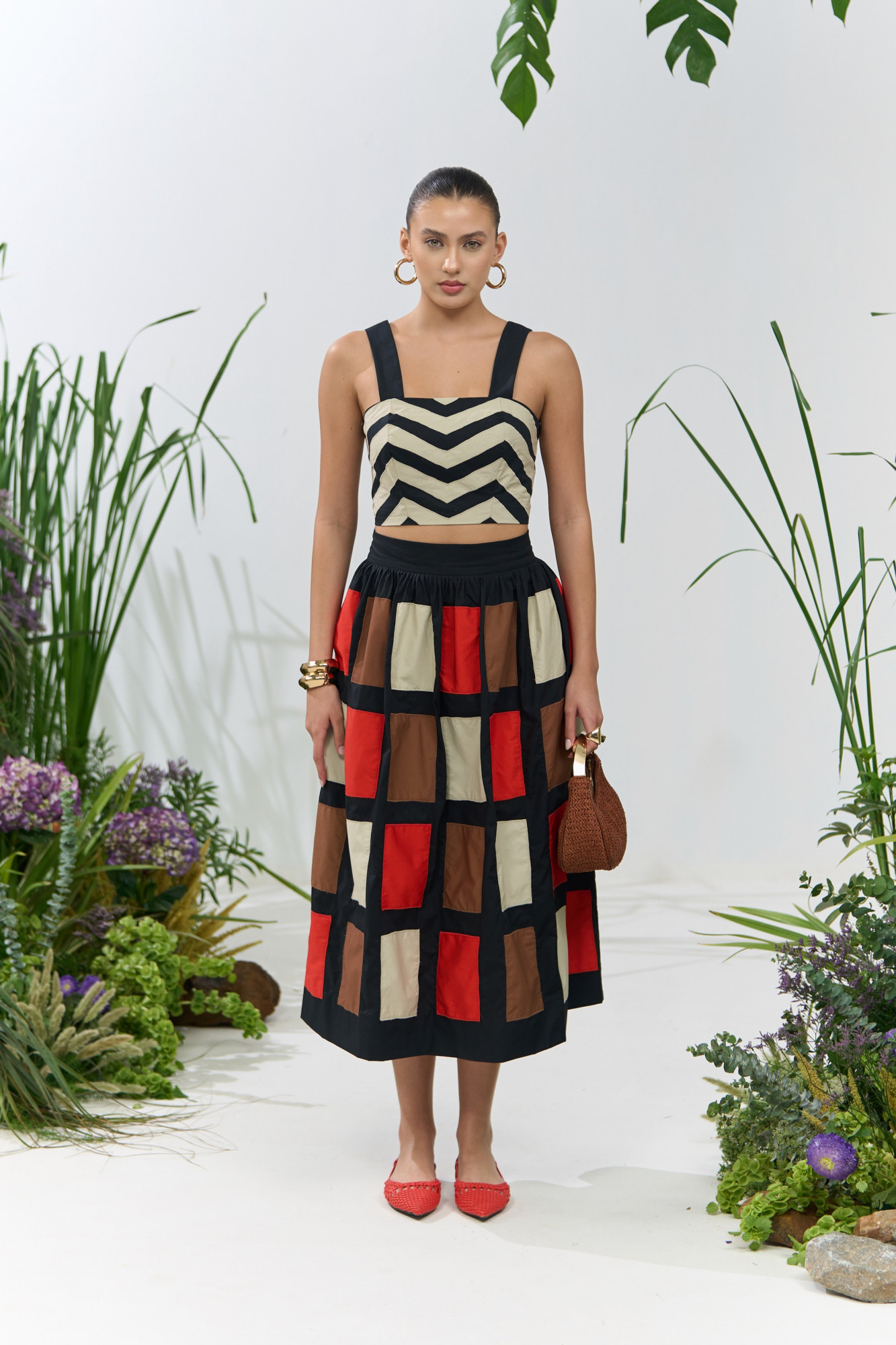 ATELIER RIVIERA BLACK POPLIN SKIRT AND TOP CO-ORD SET WITH FABRIC PATCHWORK