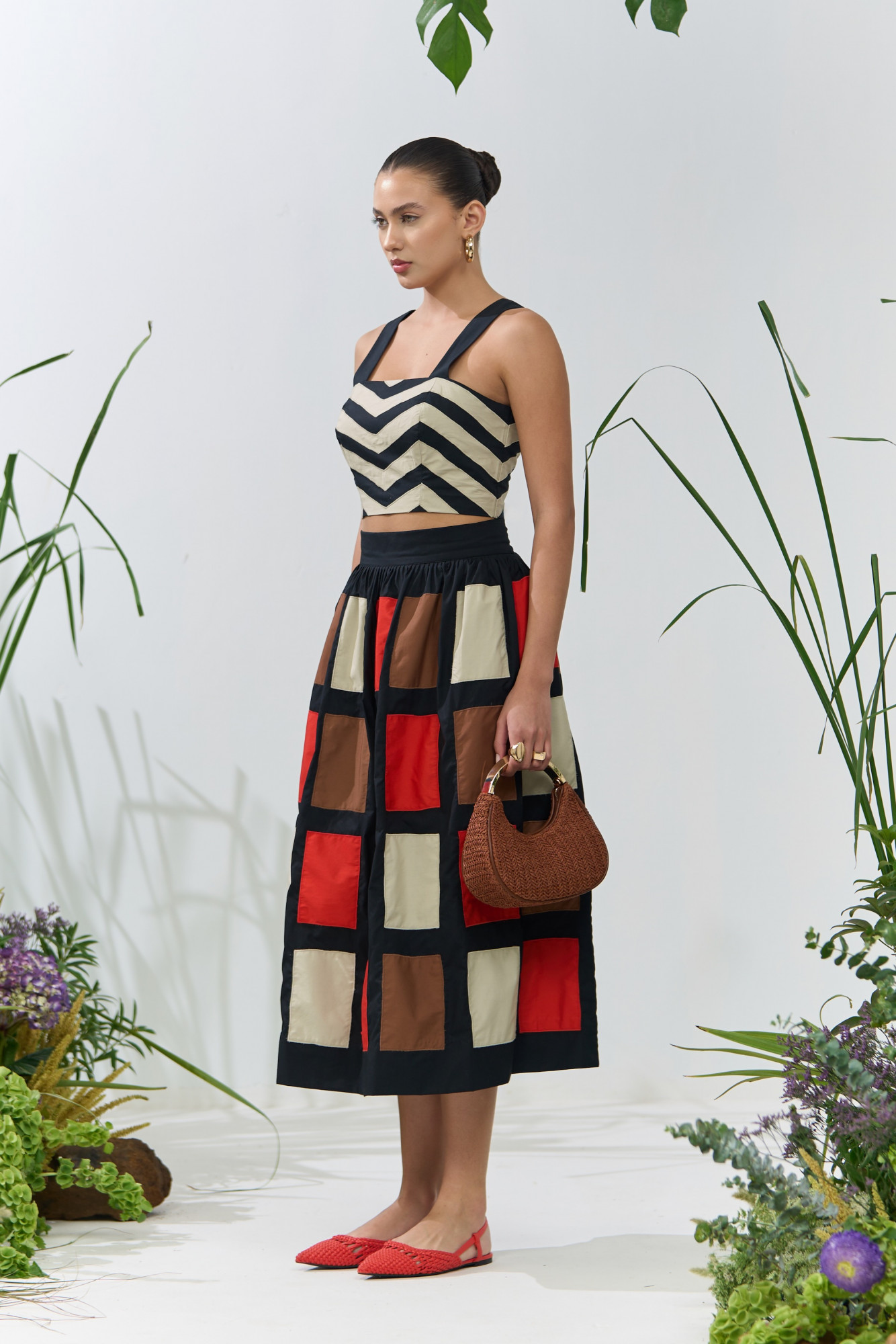 ATELIER RIVIERA BLACK POPLIN SKIRT AND TOP CO-ORD SET WITH FABRIC PATCHWORK