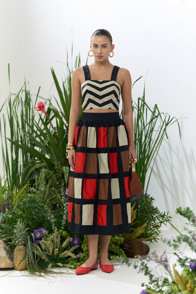 Image of ATELIER RIVIERA BLACK POPLIN SKIRT AND TOP CO-ORD SET WITH FABRIC PATCHWORK