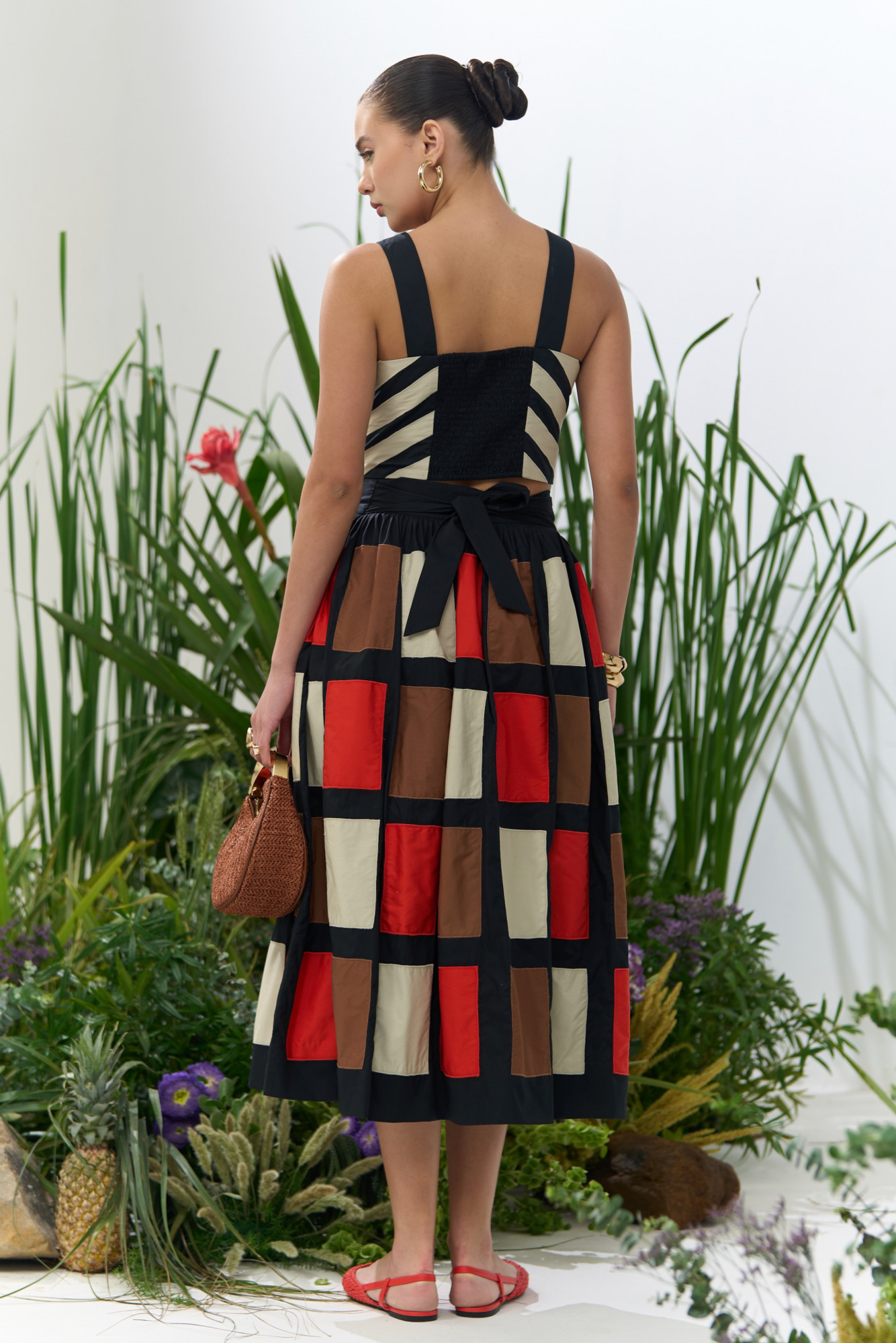 ATELIER RIVIERA BLACK POPLIN SKIRT AND TOP CO-ORD SET WITH FABRIC PATCHWORK