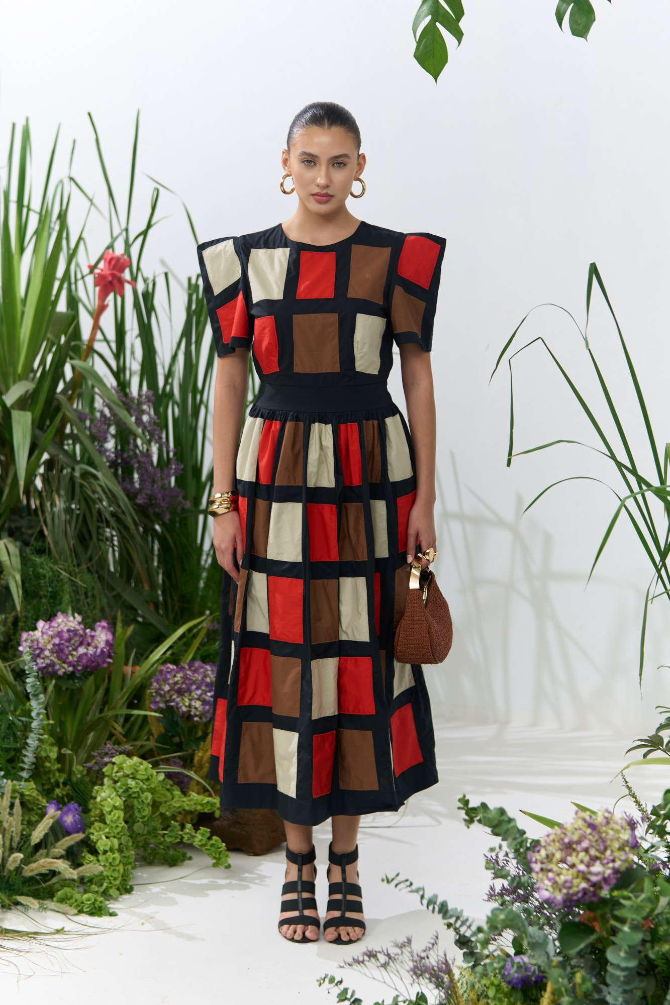 ATELIER RIVIERA BLACK COTTON MIDI LENGTH DRESS WITH BOX SHAPE SLEEVES AND PATCHWORK EMBROIDERY