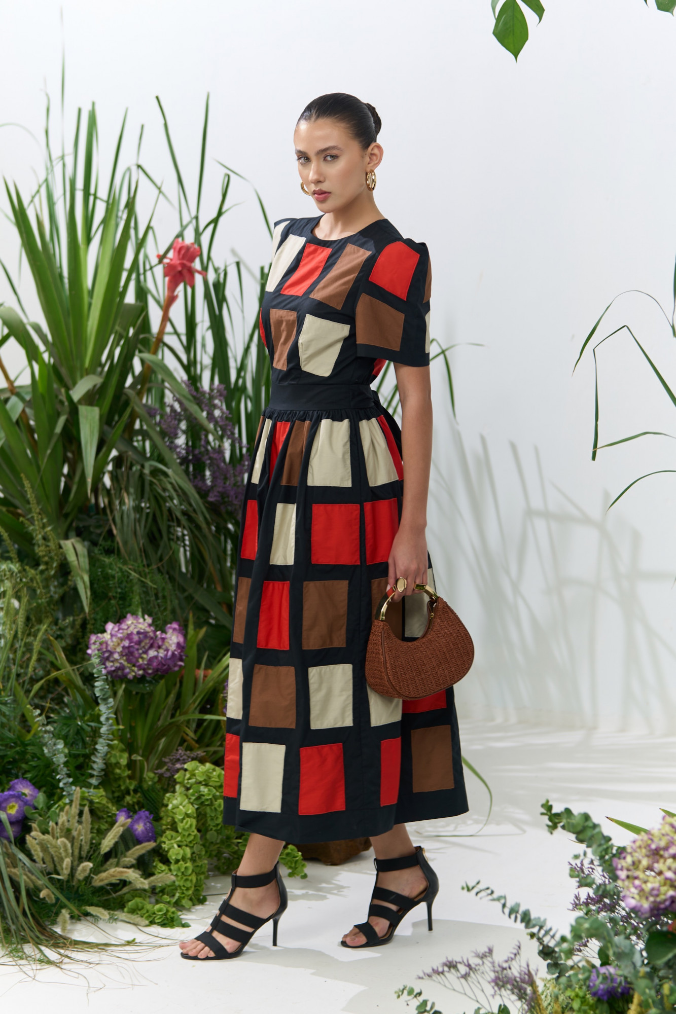 ATELIER RIVIERA BLACK COTTON MIDI LENGTH DRESS WITH BOX SHAPE SLEEVES AND PATCHWORK EMBROIDERY