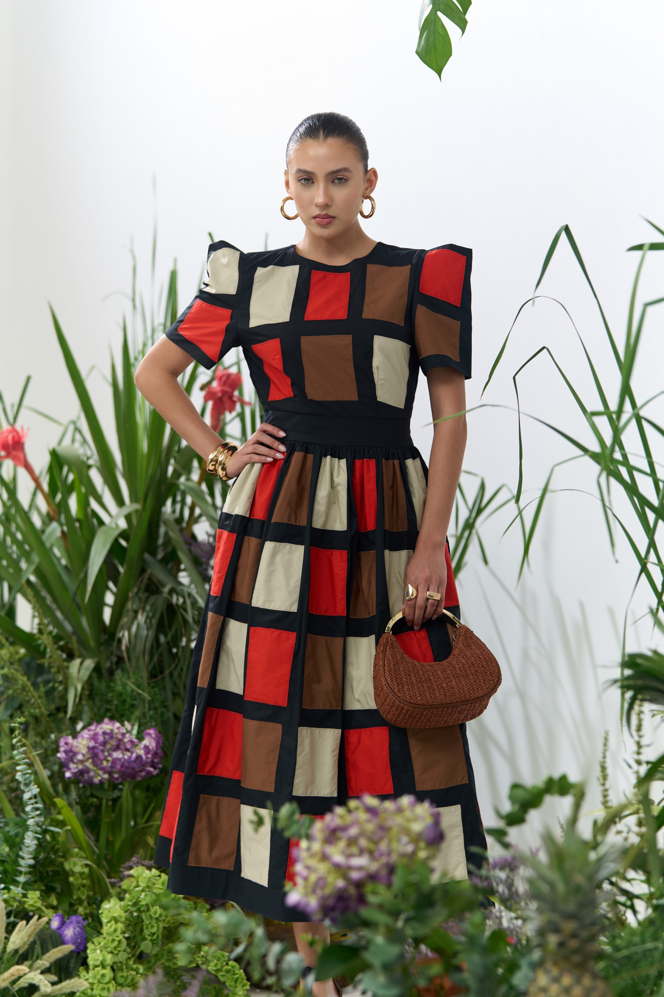 ATELIER RIVIERA BLACK COTTON MIDI LENGTH DRESS WITH BOX SHAPE SLEEVES AND PATCHWORK EMBROIDERY