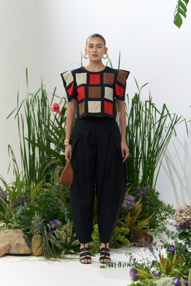 Image of ATELIER RIVIERA BLACK POPLIN BOX SLEEVES PATCHWORK TOP AND SOLID BLACK BARREL PANTS CO-ORD SET