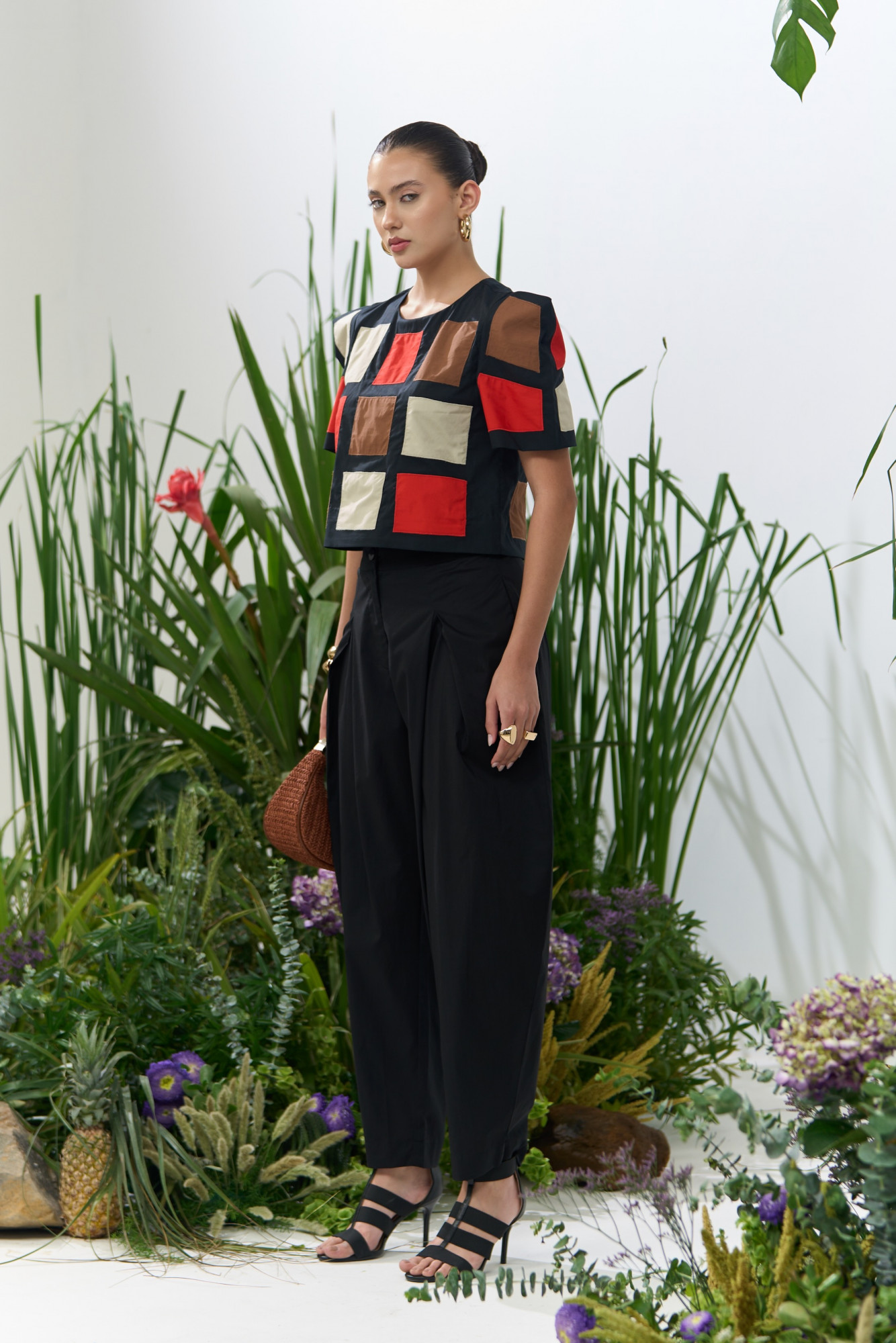 ATELIER RIVIERA BLACK POPLIN BOX SLEEVES PATCHWORK TOP AND SOLID BLACK BARREL PANTS CO-ORD SET