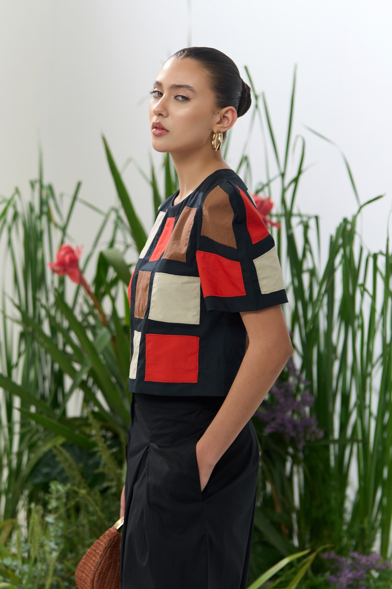 ATELIER RIVIERA BLACK POPLIN BOX SLEEVES PATCHWORK TOP AND SOLID BLACK BARREL PANTS CO-ORD SET