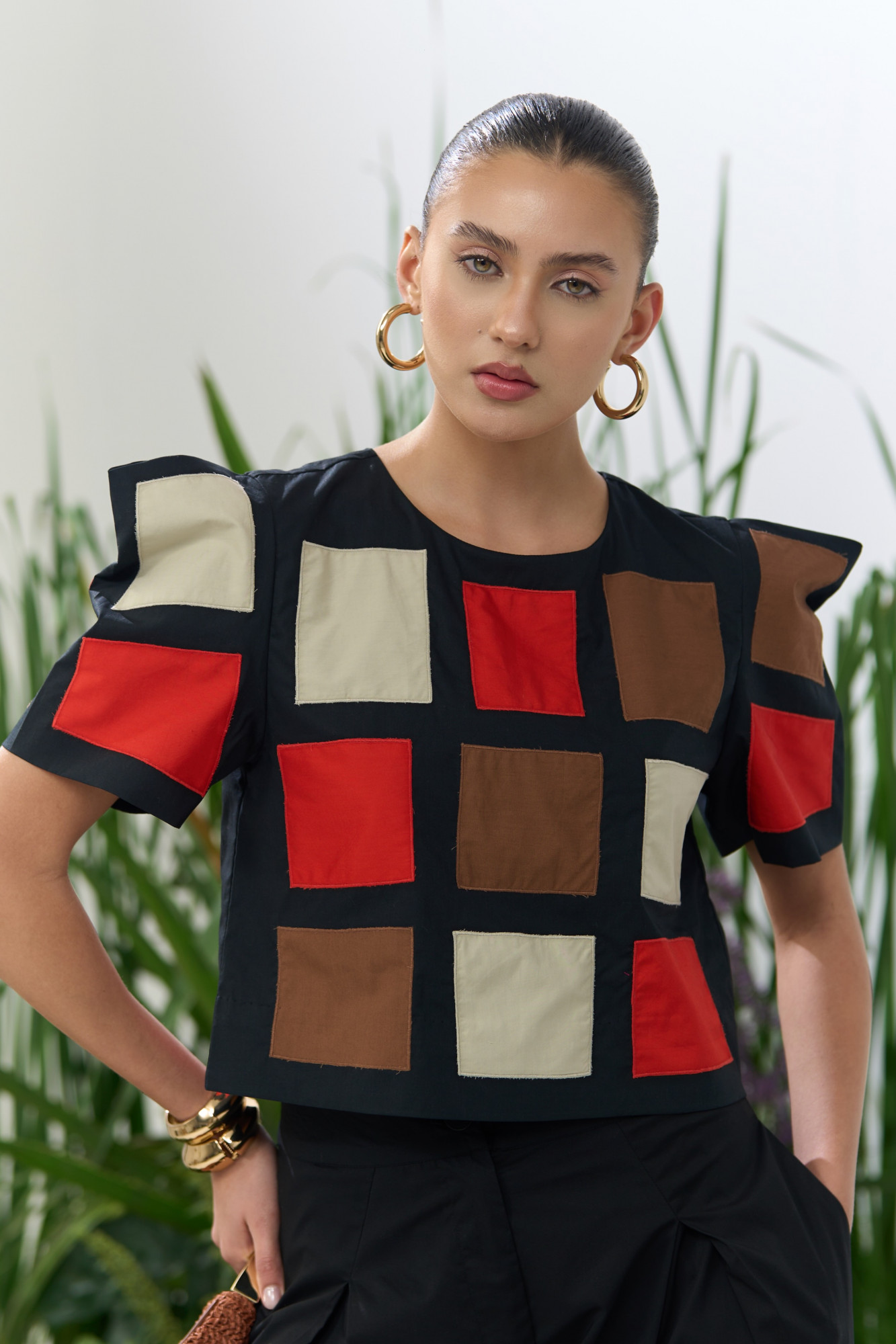 ATELIER RIVIERA BLACK POPLIN BOX SLEEVES PATCHWORK TOP AND SOLID BLACK BARREL PANTS CO-ORD SET