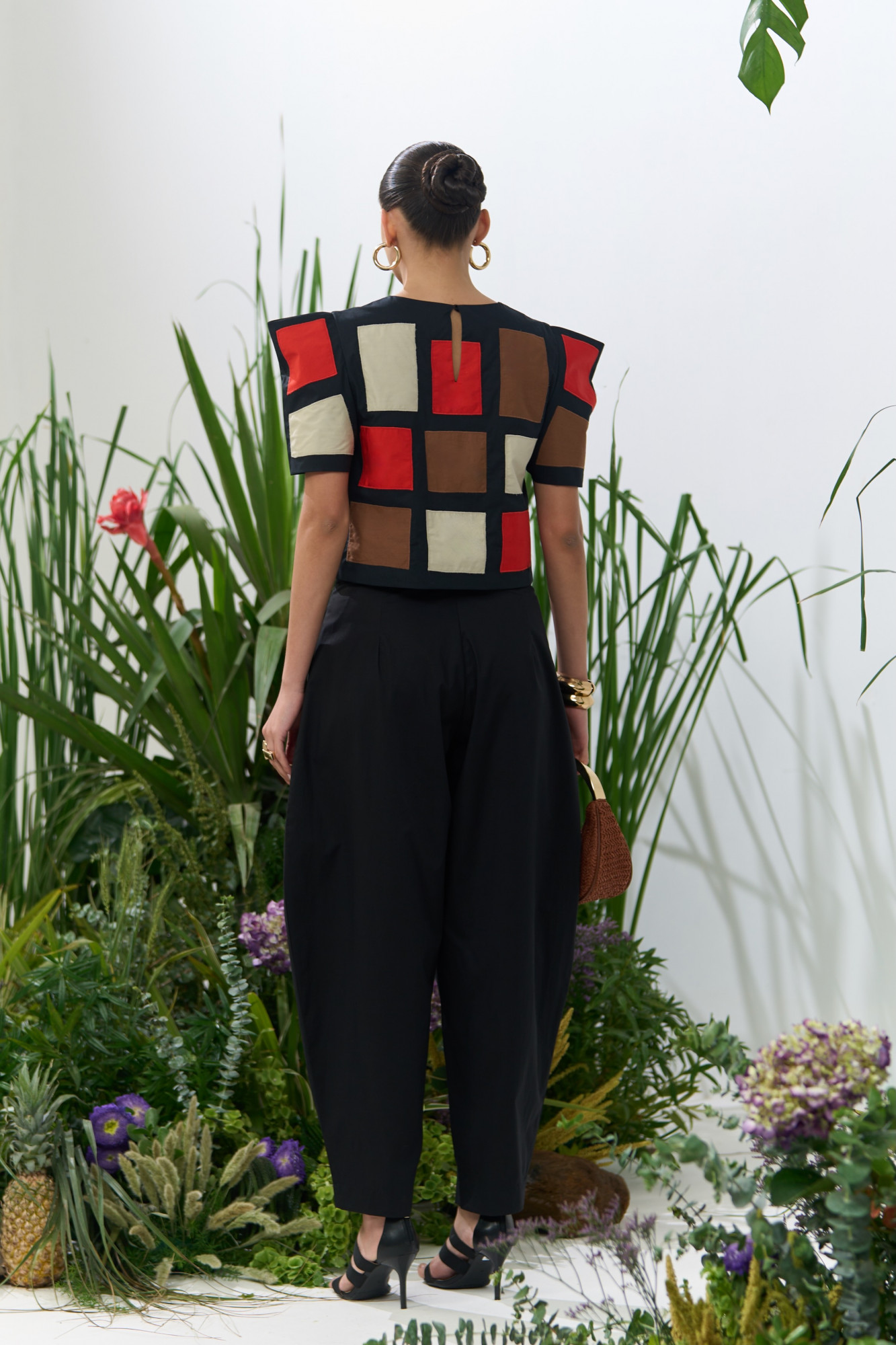 ATELIER RIVIERA BLACK POPLIN BOX SLEEVES PATCHWORK TOP AND SOLID BLACK BARREL PANTS CO-ORD SET