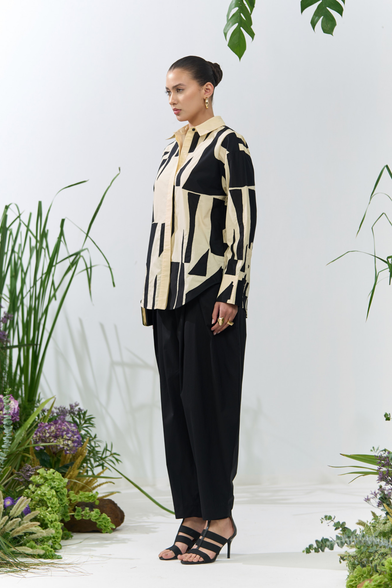 ATELIER RIVIERA BUTTERMILK COLOR COTTON POPLIN SHIRT WITH BLACK FABRIC PATCHWORK BLACK SOLID PANTS CO-ORD SET