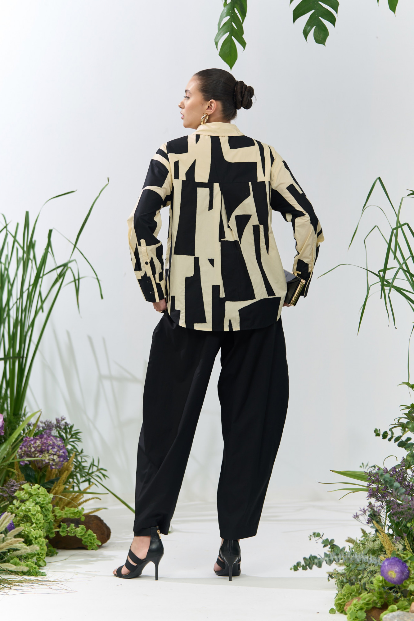 ATELIER RIVIERA BUTTERMILK COLOR COTTON POPLIN SHIRT WITH BLACK FABRIC PATCHWORK BLACK SOLID PANTS CO-ORD SET