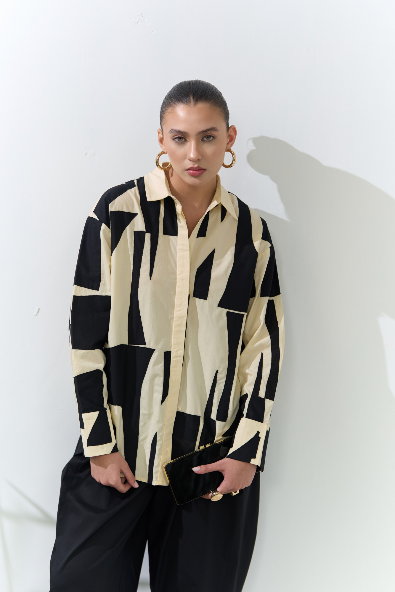 ATELIER RIVIERA BUTTERMILK COLOR COTTON POPLIN SHIRT WITH BLACK FABRIC PATCHWORK  BLACK SOLID PANTS CO-ORD SET