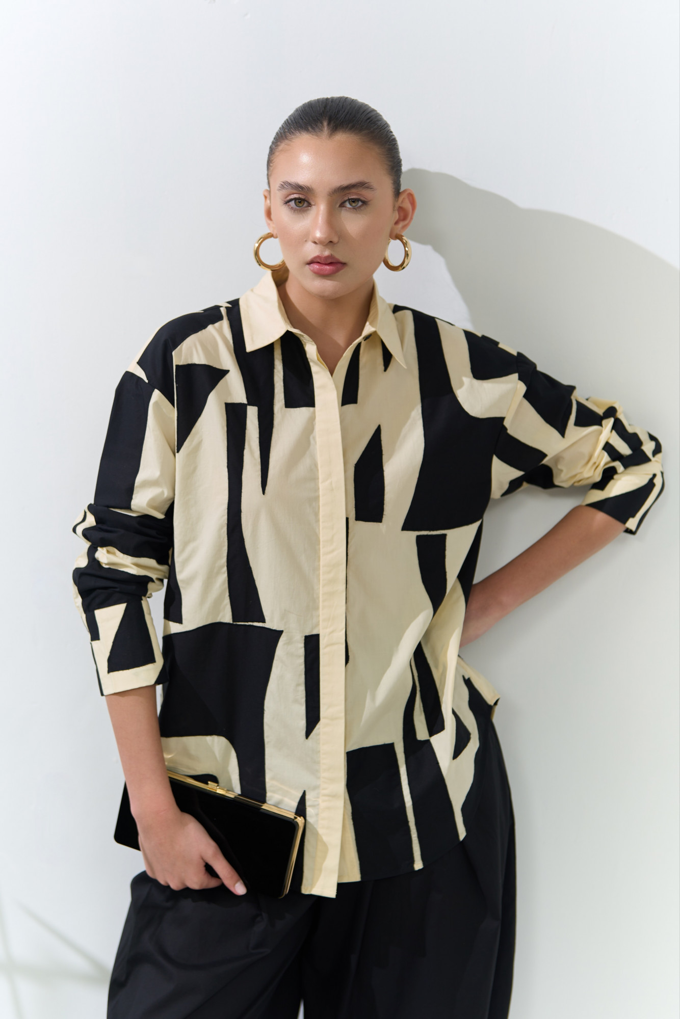 ATELIER RIVIERA BUTTERMILK COLOR COTTON POPLIN SHIRT WITH BLACK FABRIC PATCHWORK  BLACK SOLID PANTS CO-ORD SET