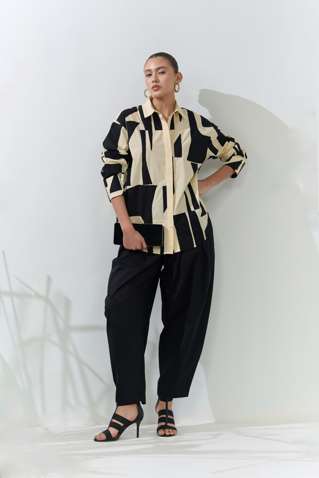 ATELIER RIVIERA BUTTERMILK COLOR COTTON POPLIN SHIRT WITH BLACK FABRIC PATCHWORK  BLACK SOLID PANTS CO-ORD SET