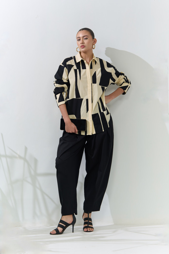 Image of ATELIER RIVIERA BUTTERMILK COLOR COTTON POPLIN SHIRT WITH BLACK FABRIC PATCHWORK &amp; BLACK SOLID PANTS CO-ORD SET