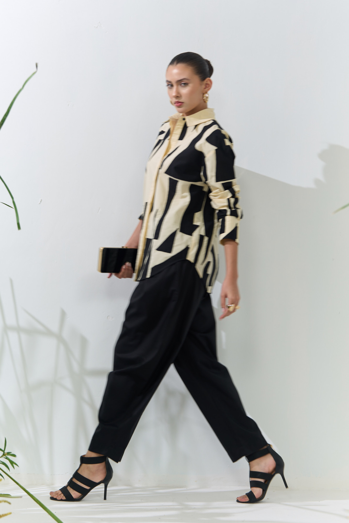 ATELIER RIVIERA BUTTERMILK COLOR COTTON POPLIN SHIRT WITH BLACK FABRIC PATCHWORK BLACK SOLID PANTS CO-ORD SET