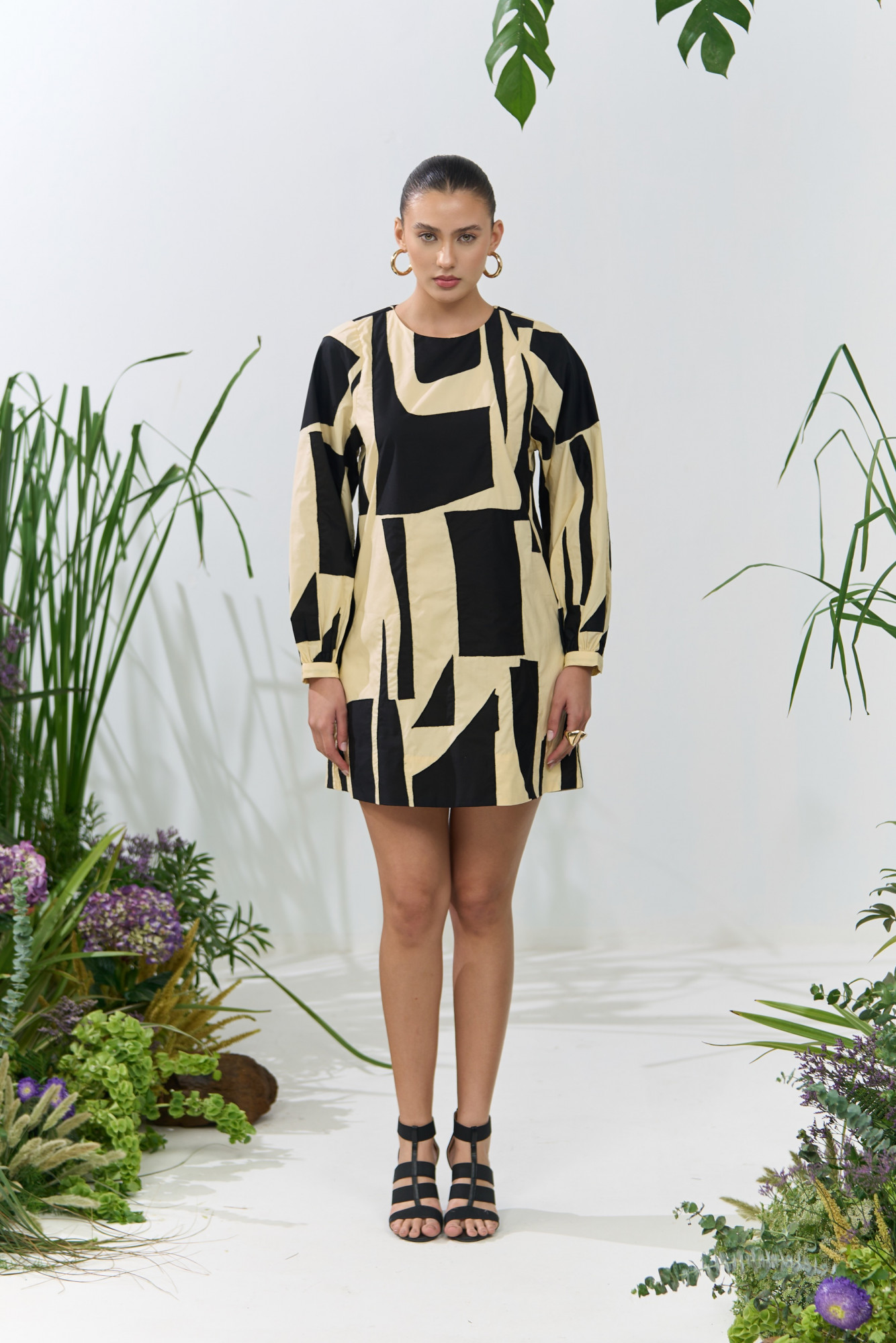 ATELIER RIVIERA BUTTERMILK COLOR POPLIN KNEE LENGTH FULL SLEEVES DRESS WITH BLACK FABRIC PATCHWORK