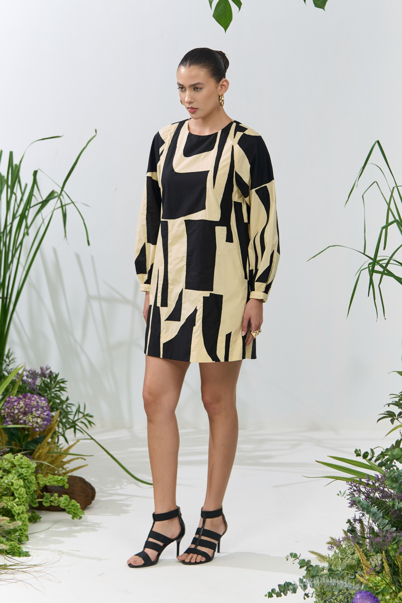 ATELIER RIVIERA BUTTERMILK COLOR POPLIN KNEE LENGTH FULL SLEEVES DRESS WITH BLACK FABRIC PATCHWORK