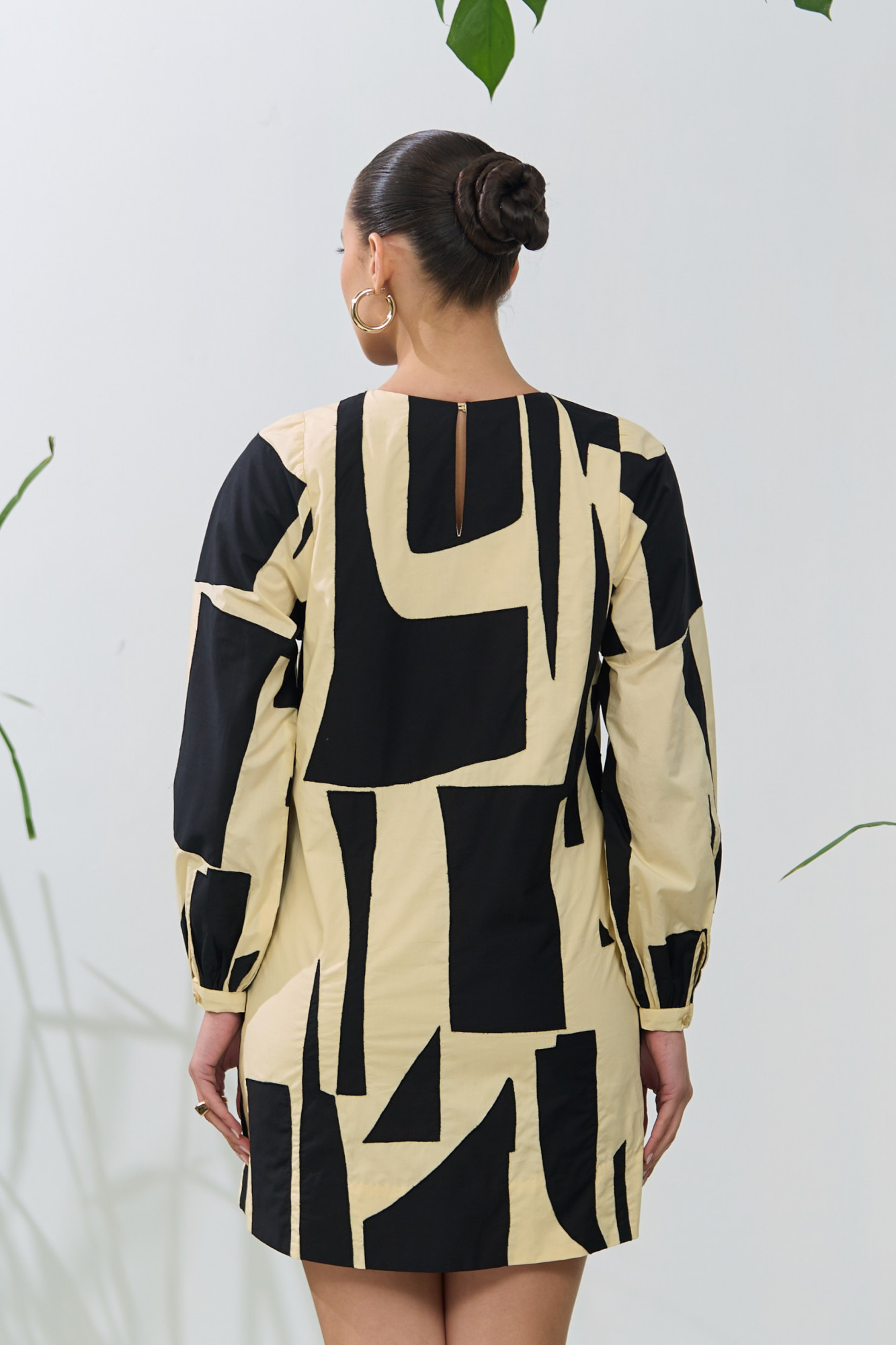 ATELIER RIVIERA BUTTERMILK COLOR POPLIN KNEE LENGTH FULL SLEEVES DRESS WITH BLACK FABRIC PATCHWORK