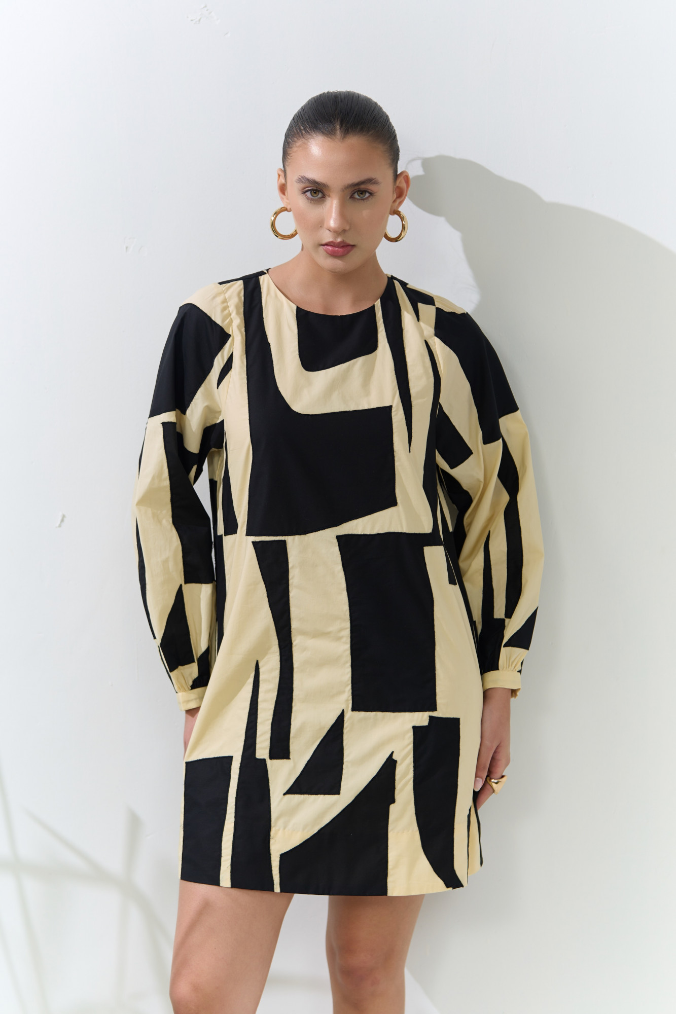 ATELIER RIVIERA BUTTERMILK COLOR POPLIN KNEE LENGTH FULL SLEEVES DRESS WITH BLACK FABRIC PATCHWORK